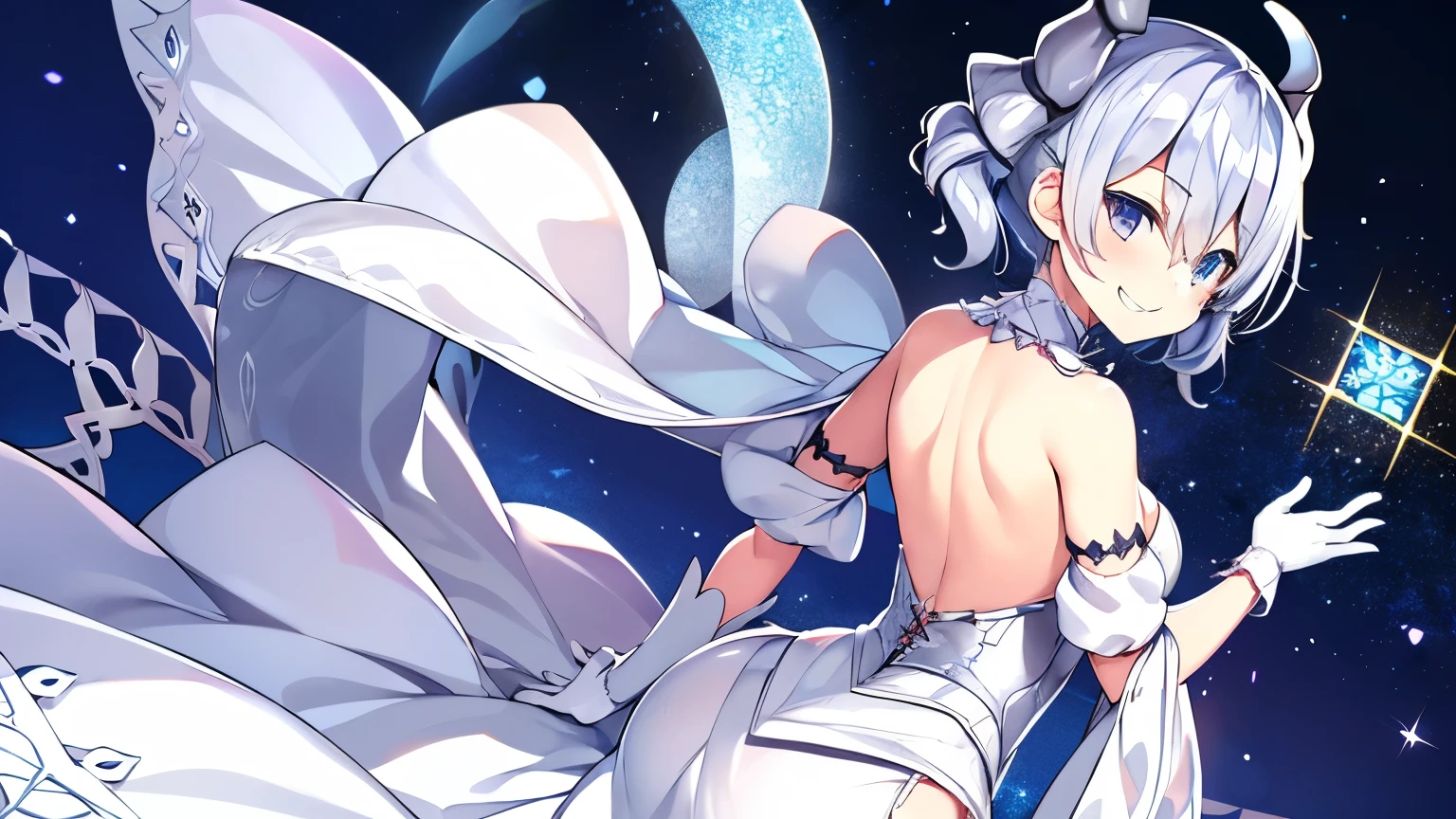 (****:1.2), 1 Girl, Silver Short Hair, Silvery horns,  White Dress, White Cape, bulging sleeves, White Gloves, White Stockings, Silver Corset, White long skirt, 

smile、Grin、
Black Background、Simple Background、

(From the back)、Cowboy Shot、
Depth of written boundary、
((highest quality, High resolution, Perfect Pixel, 4k)), (1 girl), (Beautiful Anime Girls), Watching the audience, Perfect body, Detailed eyes、