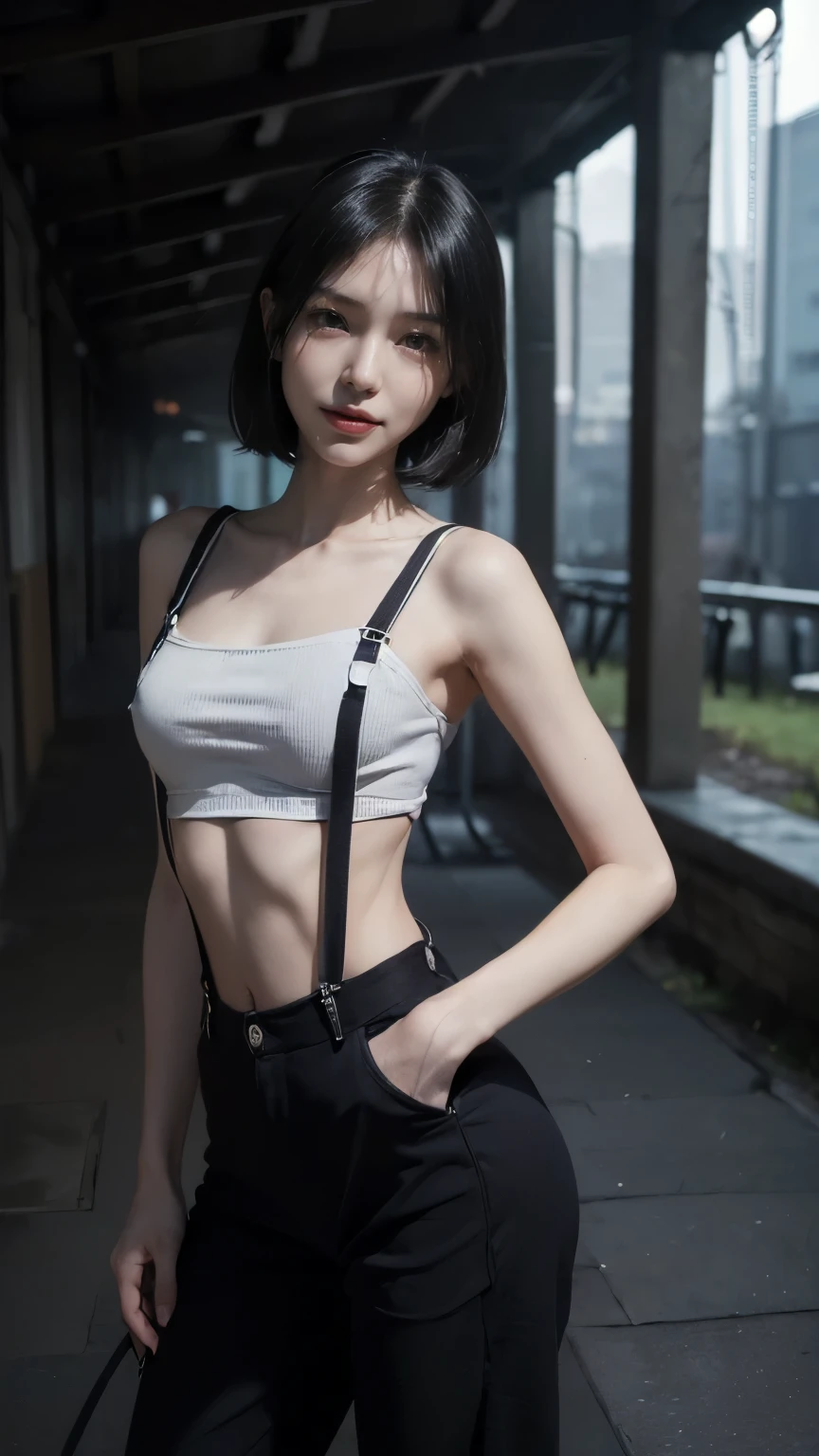 ((Face the front of your body at the camera:2.0)), ((Tube top:2.0, suspenders:2.0, pants:1.8)), (Clothing:2.0, スキニーpants:2.0, suspenders under Tube top:2.0, sneakers:1.5), ((In town:1.5)), ((A grin:1.2, Small breasts:1.5, slender:1.5, Small Ass:1.5)), ((Japanese, 1 Girl, 18-year-old, 7 heads, Ideal body proportions, Black Hair, With bangs, Small breasts, Erect nipples, slender, Small Ass, Beautiful feet, Skinny Legs)), Surrealism, Cinematic Lighting, Depth of written boundary, First Person View, Boobs F/1.8, 135mm, Ticker, Mastepiece, Curate, ((Anatomically correct:1.3)), Textured skin, Super Detail, High detail, High quality, Awards, Best Quality, High resolution, 8K