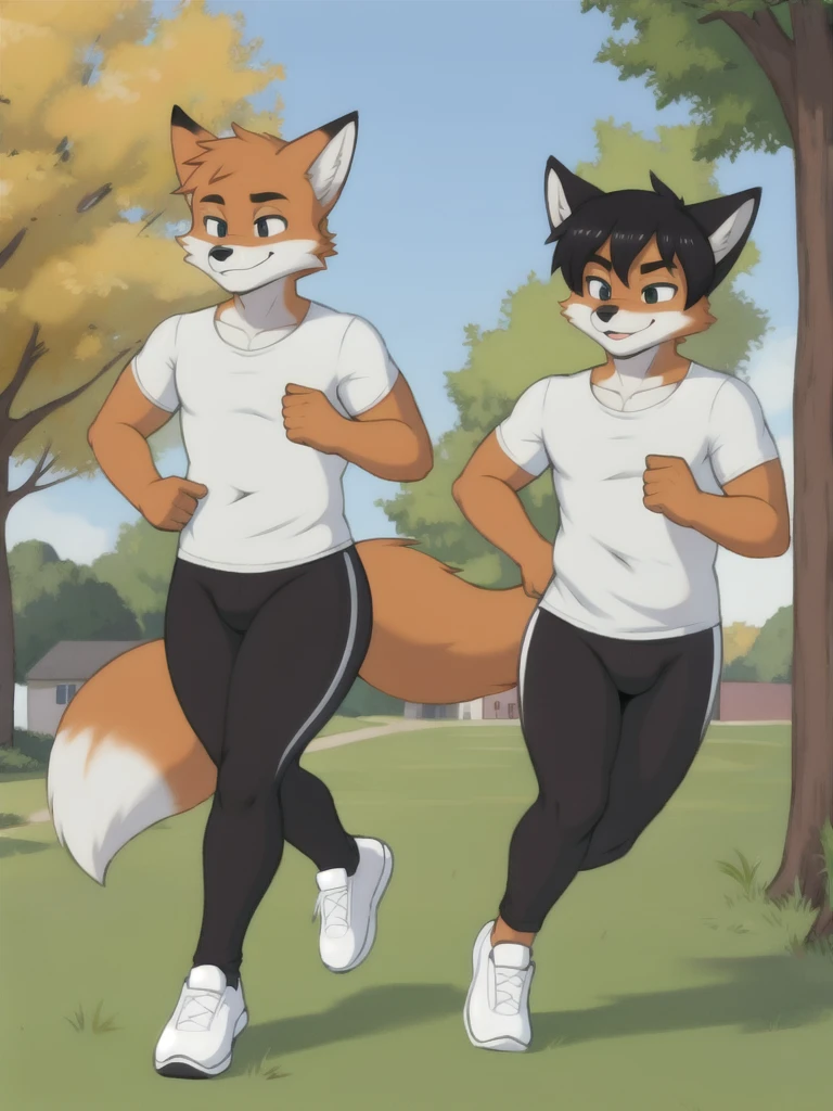 Furry, fox, male, twins, black leggings, white shirt, jogging outside the house, teen