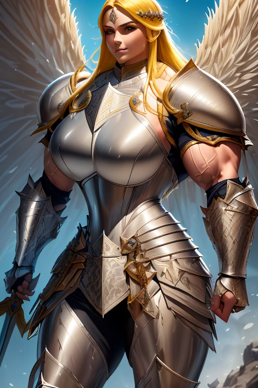 ((((Massive, tall, beautiful, buff, muscular light brown skinned female knight with yellow hair, black lipstick, huge angle wings, ginormous bulky muscles, holding a sword and shield and wearing an all yellow gleaming knight armor with hauberk and pants)))), {close view}, black eyeliner, massive muscles, massive biceps, hyper muscle triceps, (long flowing hair), gray eyes, giant angel wings, knight boots, In a castle, (hauberk pants), steel knight armor, armor breastplate, nighttime, confident smile, hyper muscles arms, hyper muscle legs, ginormous arms