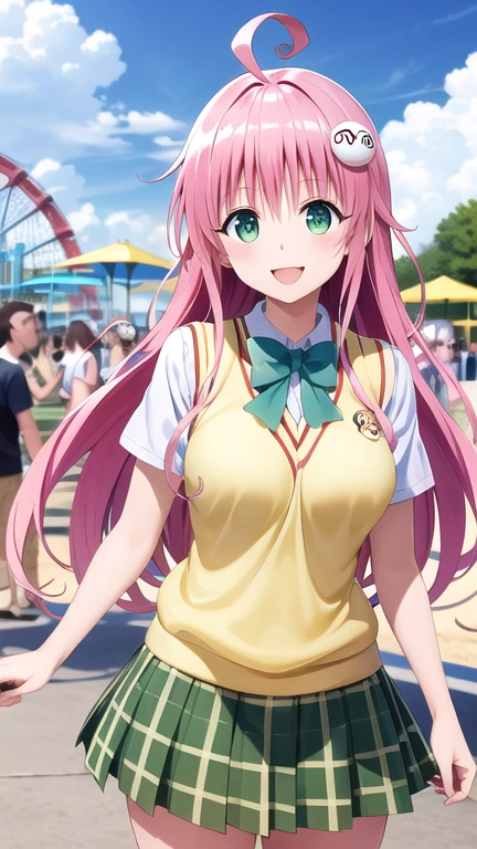 masterpiece, best quality, highres, Lala Satalin Deviluke, long hair, ahoge, hair ornament, green eyes, breasts, , green bowtie, collared shirt, white shirt, sweater vest, yellow vest, short sleeves, plaid skirt, green skirt, peace sign, amusement park, smile, standing