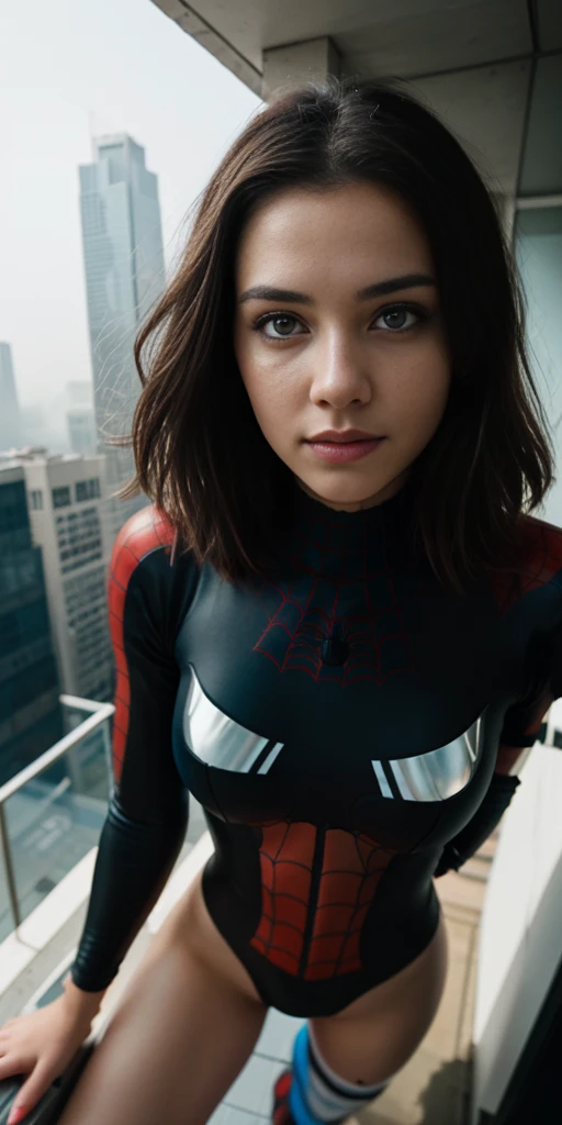 (1girl:1.3), Solo, (((Very detailed face)))), ((Very detailed eyes and face)))), Beautiful detail eyes, Body parts__, Official art, Unified 8k wallpaper, Super detailed, beautiful and beautiful, beautiful, masterpiece, best quality, original, masterpiece, super fine photo, best quality, super high resolution, realistic realism, sunlight, full body portrait, amazing beauty, dynamic pose, delicate face, vibrant eyes, (from the front), She wears Spider-Man suit, red and black color scheme, spider, very detailed city roof background, rooftop, overlooking the city, detailed face, detailed complex busy background, messy, gorgeous, milky white, highly detailed skin, realistic skin details, visible pores, clear focus, volumetric fog, 8k uhd, DSLR, high quality, film grain, fair skin, photo realism, lomography, futuristic dystopian megalopolis, translucent, long hair brown, eyes brown, cheek red soft full body, sexy suit
 ((full body))