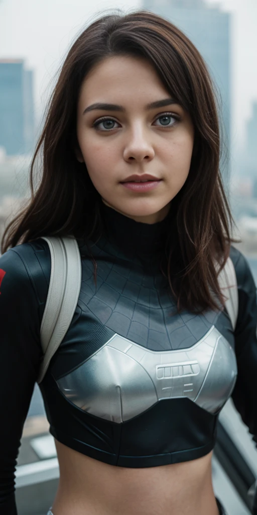(1girl:1.3), Solo, (((Very detailed face)))), ((Very detailed eyes and face)))), Beautiful detail eyes, Caucasian, brunette, blue eyes, Body parts__, Official art, Unified 8k wallpaper, Super detailed, beautiful and beautiful, beautiful, masterpiece, best quality, original, masterpiece, super fine photo, best quality, super high resolution, realistic realism, sunlight, full body portrait, amazing beauty, dynamic pose, delicate face, vibrant eyes, (from the front), She wears Spider-Man suit, red and black color scheme, spider, very detailed city roof background, rooftop, overlooking the city, detailed face, detailed complex busy background, messy, gorgeous, milky white, highly detailed skin, realistic skin details, visible pores, clear focus, volumetric fog, 8k uhd, DSLR, high quality, film grain, fair skin, photo realism, lomography, futuristic dystopian megalopolis, translucent