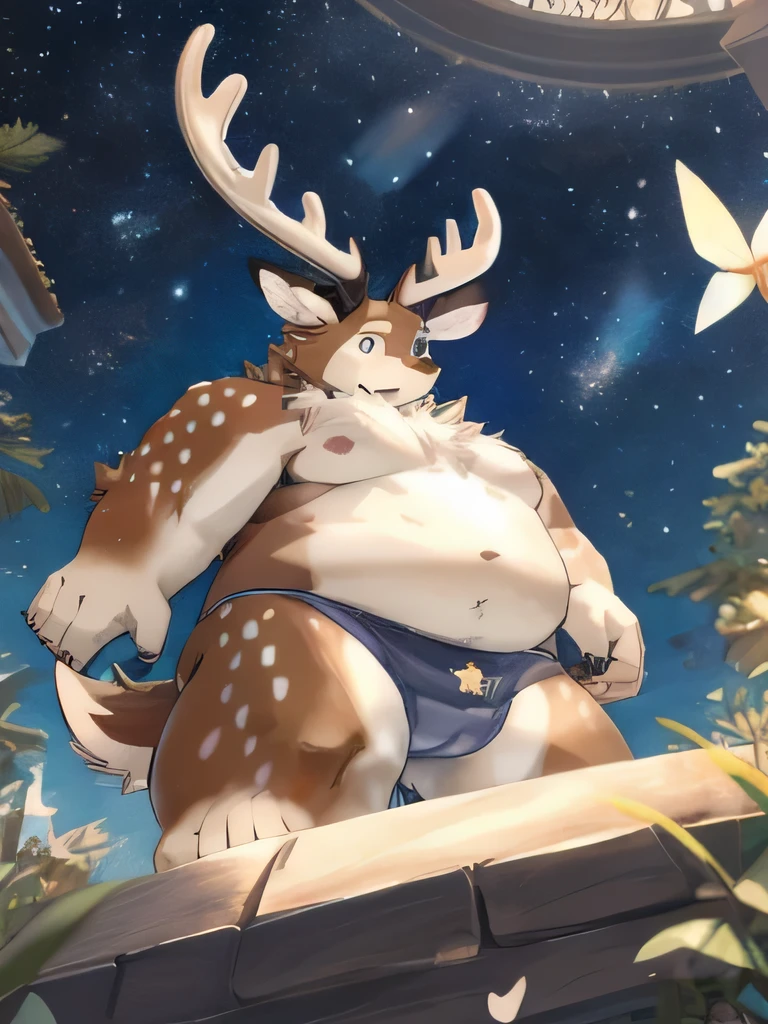 opened eyes:1.3, cute, (extremely detailed CG unity 8k wallpaper,masterpiece, best quality, ultra-detailed), (best illumination, best shadow), dynamic angle, floating, finely detail, Depth of field (bloom), (shine), glinting stars, classic, (illustration), (painting), (sketch), deer boy, chubby, Kazusa_Tamacolle:1.1, chubby, blue underwear, small underwear, detailed lump, big balls, nipples, sexy pose