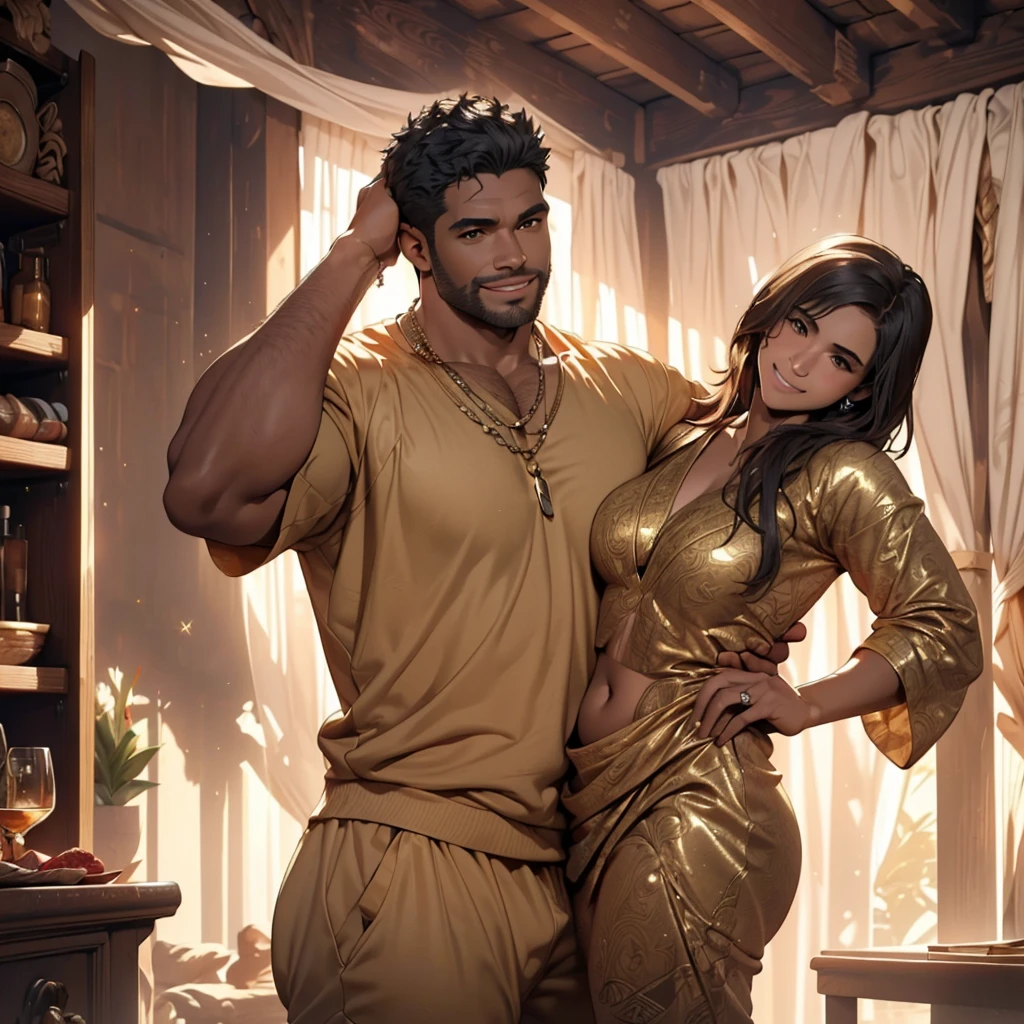 (Best Quality, 2k, Masterpiece, QHD: 1.3, A Handsome short haired african barbarian man is surrounded by three women up against him touching him and gaze at him, at a mansion, wearing Tracksuits that show off thicc body, perfect voluptuous bodies, women: long flowing hair, Handsome short haired african barbarian man in center, seductive, materials, golden hour, , jewelry, golden hour, photorealistic, masterpiece, in love, small grin, perfect faces, Flirtatious-groping