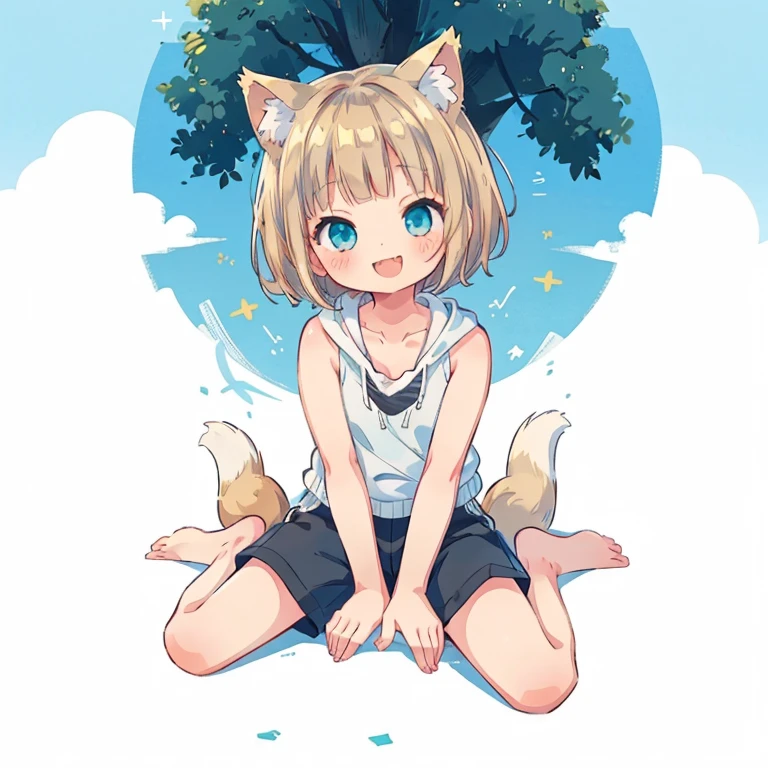 Chibi、Please straighten your bangs、smile、((masterpiece)), ((highest quality)), (anime:1.3), (RAW Photos:1.2),(High resolution:1.3), (Professional photography:1.4), ((12 years old)), 8k, Shiny skin, Cinema Lighting, One girl, Wide Shot, (Knitted fabric tank top), (Cute innocent teenage girl), Slender body, Small breasts, shiny medium hair, (Loose bangs), ((:3)), Open your mouth, Bare your fangs, look up, (いたずらなsmile), Beautiful clavicle, (slightly exposed shoulders), (Dog Ears), Hair blowing in the wind, break, ((highest quality)), (Sitting in Dubrovnik, Croatia), Summer day,Double Exposure、Blonde Hair、Short Mash Hair、Turquoise Eyes、White hoodie、Black hot pants、Black sneakers,Please straighten your bangs、She has cat ears of the same color as her hair.