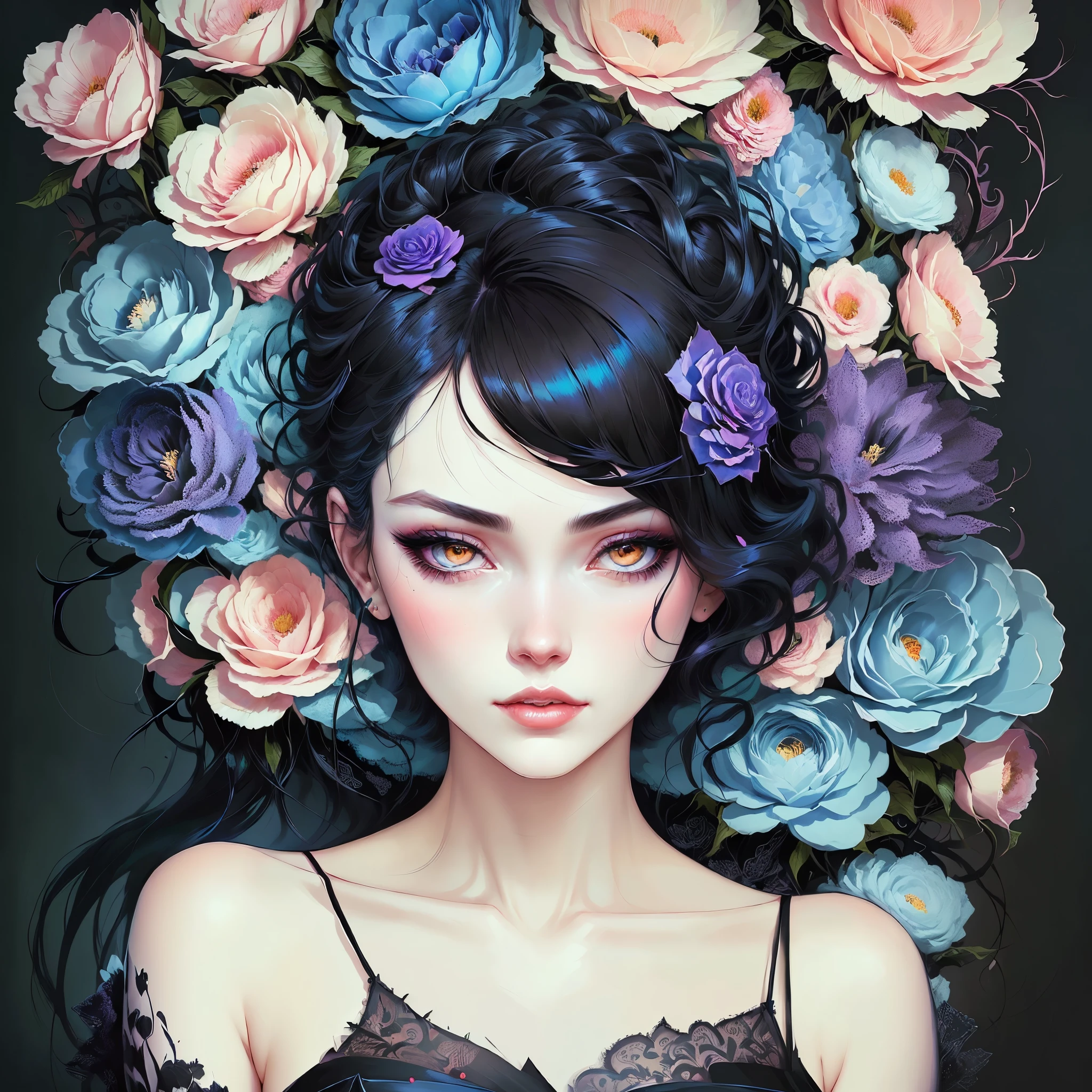 a painting of a woman with a black dress and flowers, inspired by Kelly McKernan, inspired by Harumi Hironaka, inspired by Sandra Chevrier, inspired by Nene Thomas, style of charlie bowater, tom bagshaw style, jana brike art, neoartcore and charlie bowater, in style of tom bagshaw, in style of charlie bowater