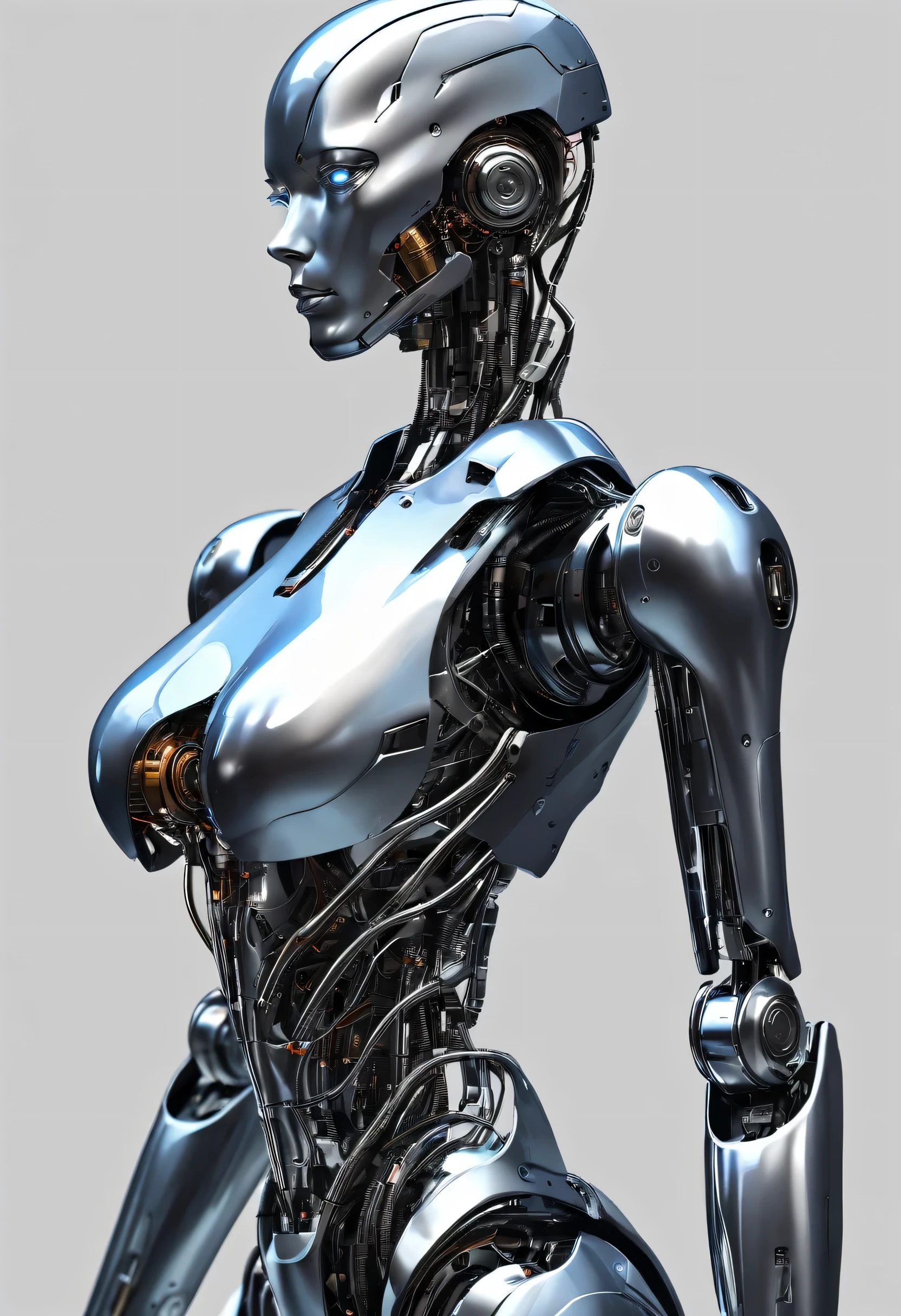 Body, body, Woman, ultra real, robot, cyborg, plain background, Stands facing the viewer, ultra high quality, Metal, dressed, (looks at the viewer)
