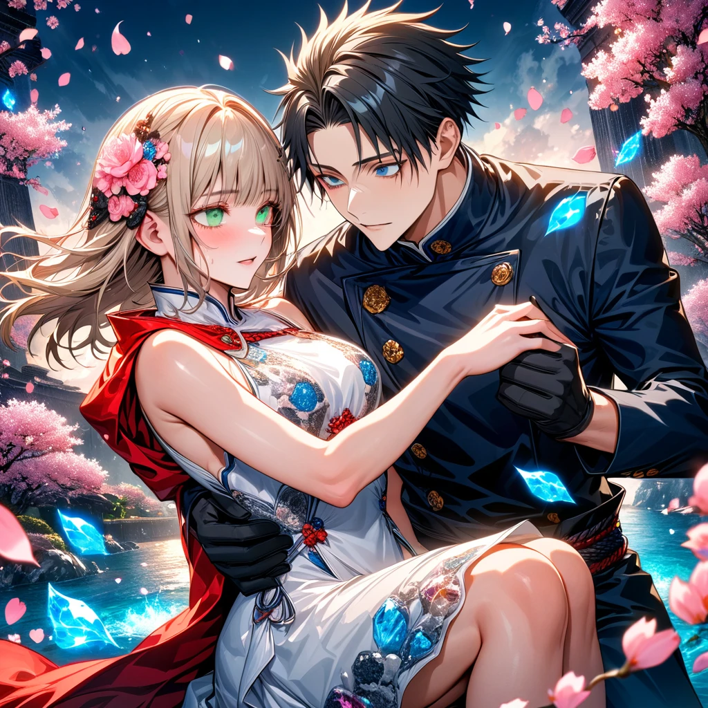 Ultra detailed, highres, absurdres, HDR, master piece, Okkotsu Yuuta, black hair, expressive dark blue eyes, Aida, ash blond hair with bangs, green eyes, white fantasy dress with black patterns, red cape, Jujutsu Kaisen, fantasy, petals, blossoms, pink flowers, water, black ribbon on her hair, black gloves, a handsome man together with a beautiful woman, sexy, couple, love, magic, best quality
