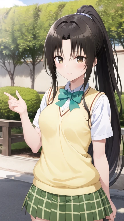 masterpiece, best quality, highres, 1girl, solo, long hair, black hair, ponytail, parted bangs, brown eyes, , green bowtie, white shirt, short sleeves, sweater vest, yellow vest, plaid skirt, green skirt, standing, cowboy shot, outdoors
