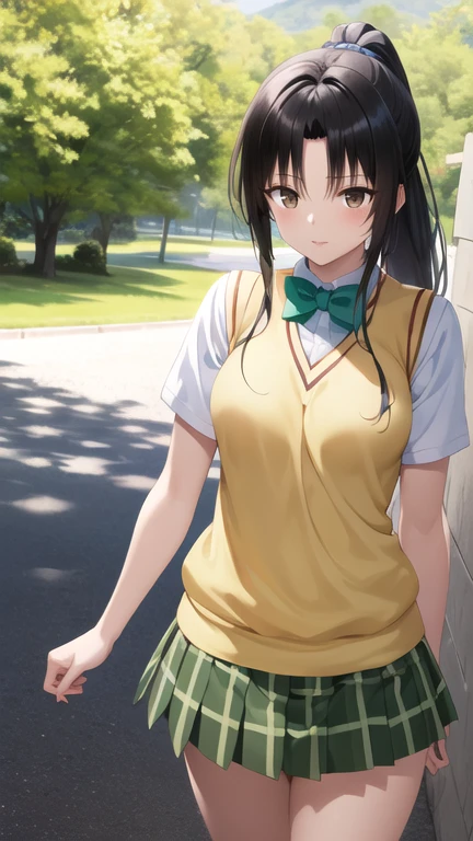 masterpiece, best quality, highres, 1girl, solo, long hair, black hair, ponytail, parted bangs, brown eyes, , green bowtie, white shirt, short sleeves, sweater vest, yellow vest, plaid skirt, green skirt, standing, cowboy shot, outdoors