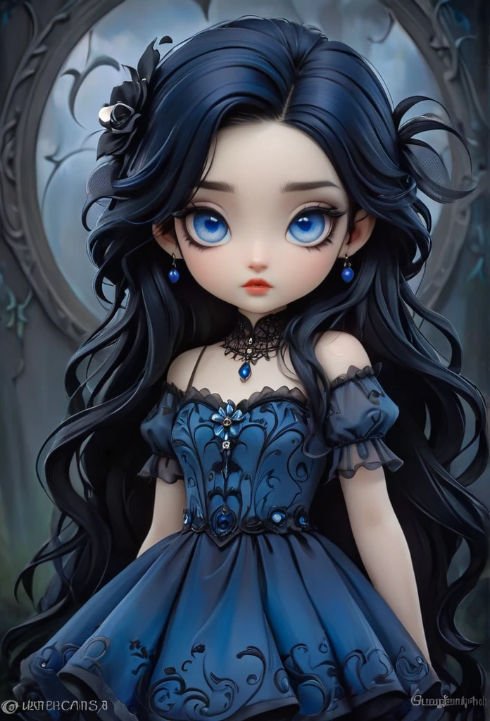 a woman with blue eyes and a blue dress, a fine art painting by Jasmine Becket-Griffith, trending on deviantart, gothic art, gothic, detailed painting, enchanting