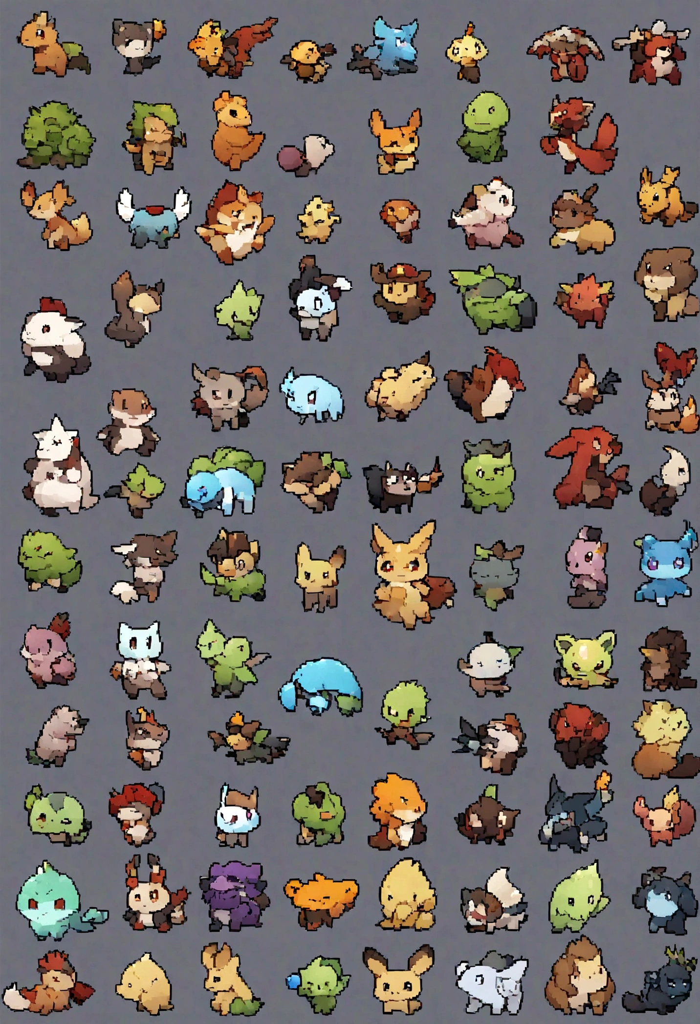 Pokémon-style video game character sprites, Various types of monsters,Features animal characters and different performances ,Fantasy Creatures.