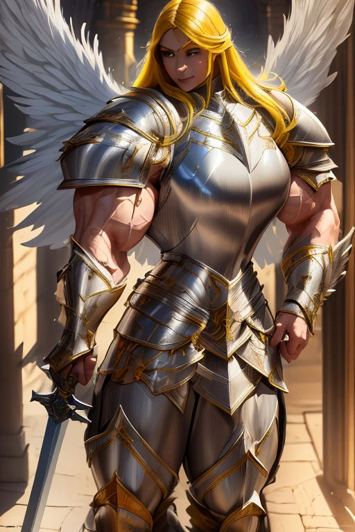 ((((Massive, tall, beautiful, buff, muscular light brown skinned female knight with yellow hair, black lipstick, huge angle wings, ginormous bulky muscles, holding a sword and shield and wearing an all yellow gleaming knight armor with hauberk and pants)))), {close view}, black eyeliner, massive muscles, massive biceps, hyper muscle triceps, (long flowing hair), gray eyes, giant angel wings, knight boots, In a castle, (hauberk pants), steel knight armor, armor breastplate, nighttime, confident smile, hyper muscles arms, hyper muscle legs, ginormous arms