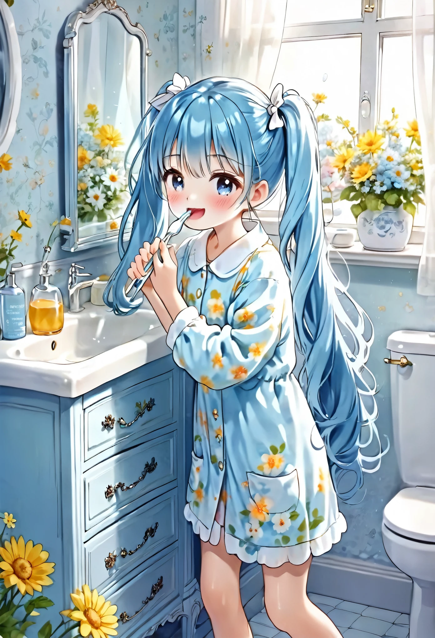 Brushing your teeth Have a toothbrush Light blue long hair Beautiful girl with twin tails Just woke up A bright, sunny washstand White floral pajamas、There are lots of flowers around