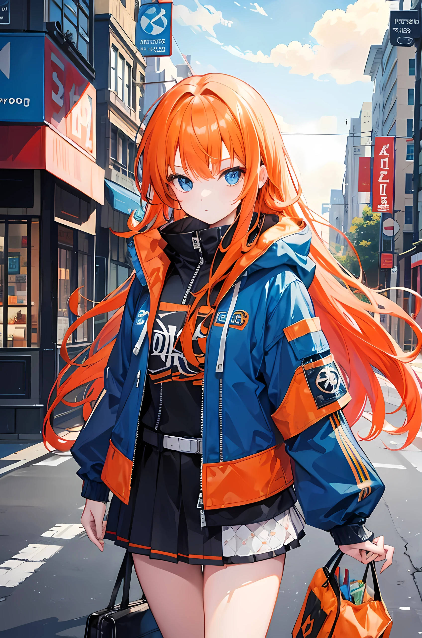 Orange hair, blue eyes, long hair, young girl, modern style, jacket, young girl