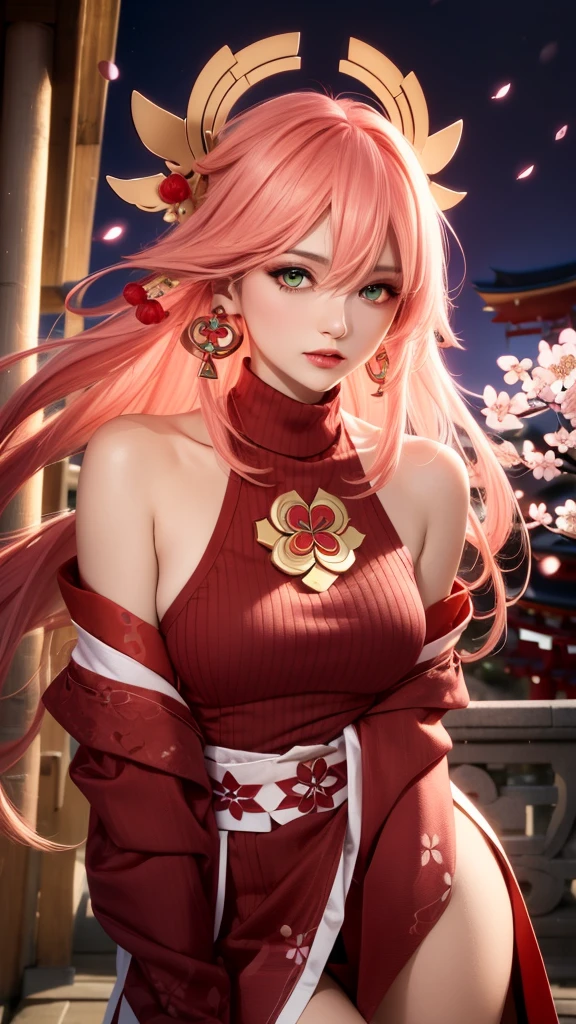 (Masterpiece, Excellent, 1girl, solo, complex details, color difference), realism, ((medium breath)), off-the-shoulders, big breasts, sexy, Yae Miko, long pink hair, red headdress, red highlight, hair above one eye, green eyes, earrings, sharp eyes, perfectly symmetrical figure, choker, neon shirt, open jacket, turtleneck sweater, against the wall, brick wall, graffiti, dim lighting, alley, looking at the audience, ((mean, seductive, charming)), ((cherry blossom background ))),((Japanese temple background)))), (((Glow-in-the-dark background)))