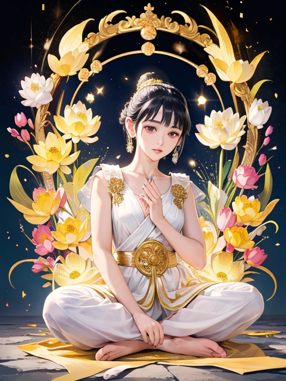 (Buddhist paradise、Gold Dust Show、Silver、Ruri、agate、Big crystal、Light background、Many Kannon Bodhisattvas)、god々A good appearance、A dazzlingly bright world、Daytime world、Flowers are blooming all over the place、Seated on a lotus pedestal、Official artwork、Crystal clear white dress、barefoot、(masterpiece、highest quality、High resolution、8k)、The composition is excellent、