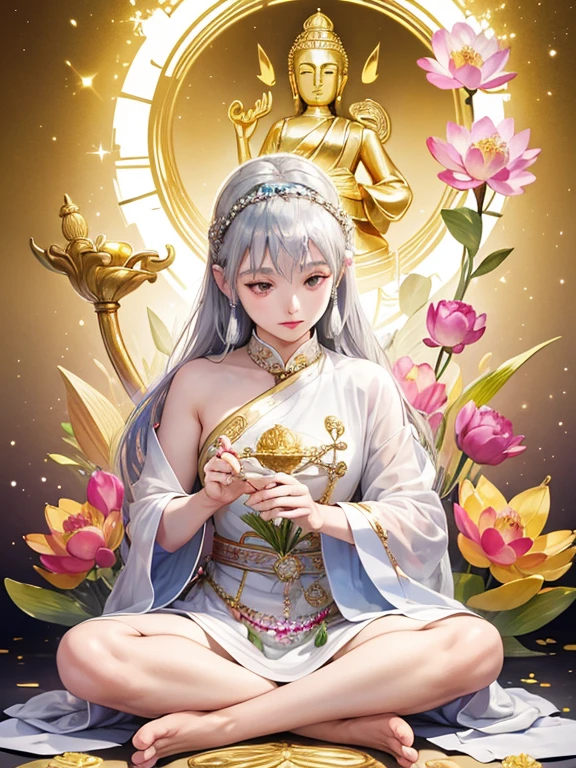 (Buddhist paradise、Gold Dust Show、Silver、Ruri、agate、Big crystal、Light background、Many Kannon Bodhisattvas)、god々A good appearance、A dazzlingly bright world、Daytime world、Flowers are blooming all over the place、Seated on a lotus pedestal、Official artwork、Crystal clear white dress、barefoot、(masterpiece、highest quality、High resolution、8k)、The composition is excellent、