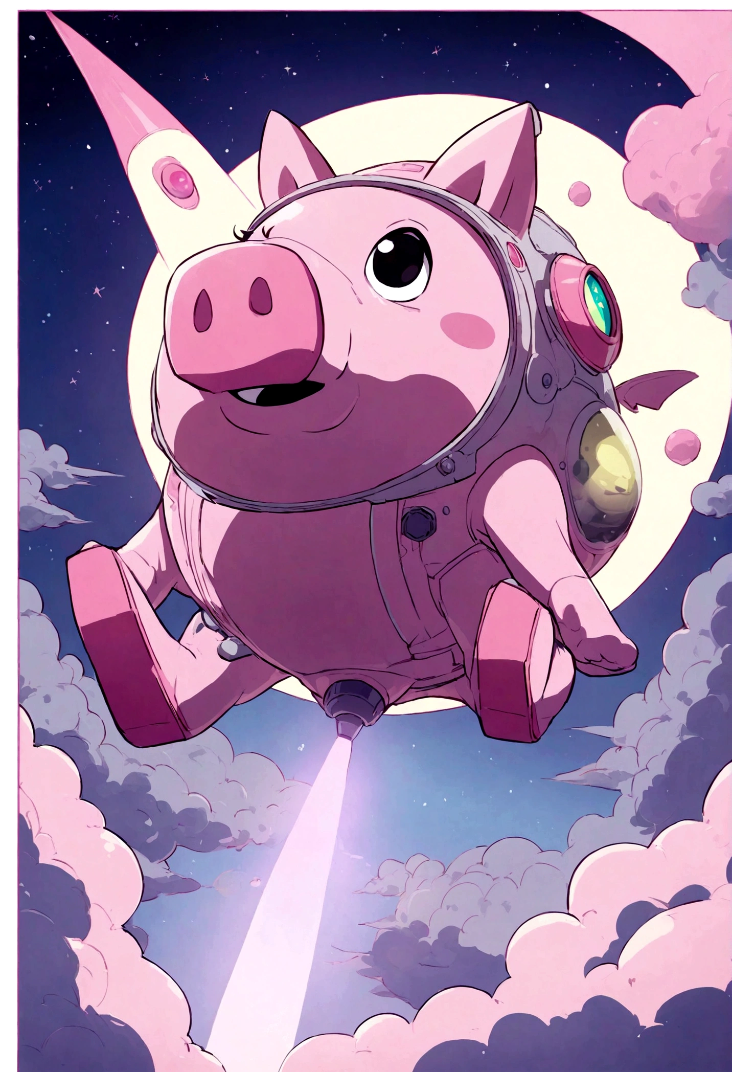 A pink cartoony pig named Bubba in a futuristic and sci-fi style, getting on a rocket, flying into space, landing on the moon,