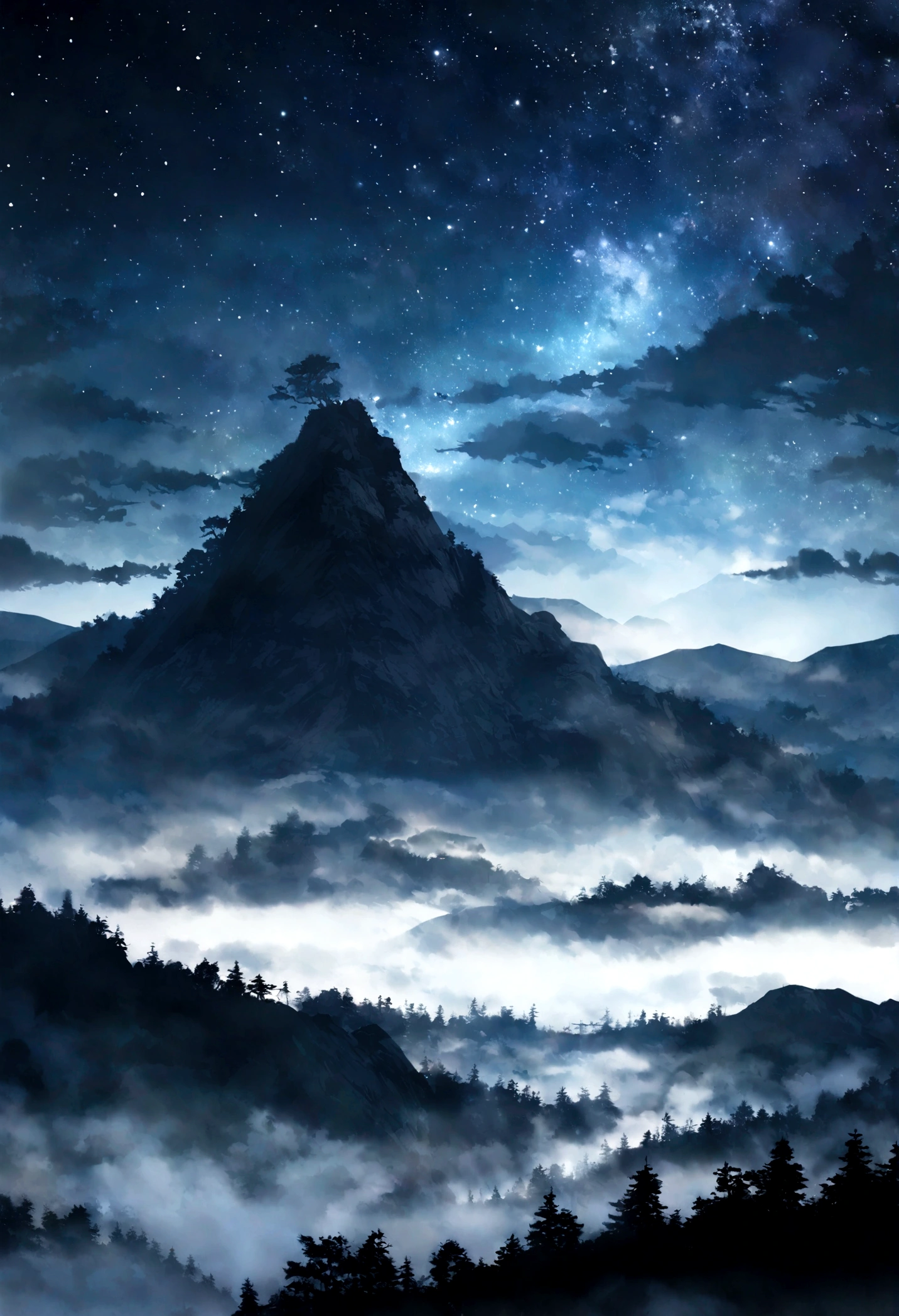 The samurai has a sword, Starry sky and fog cover the landscape.