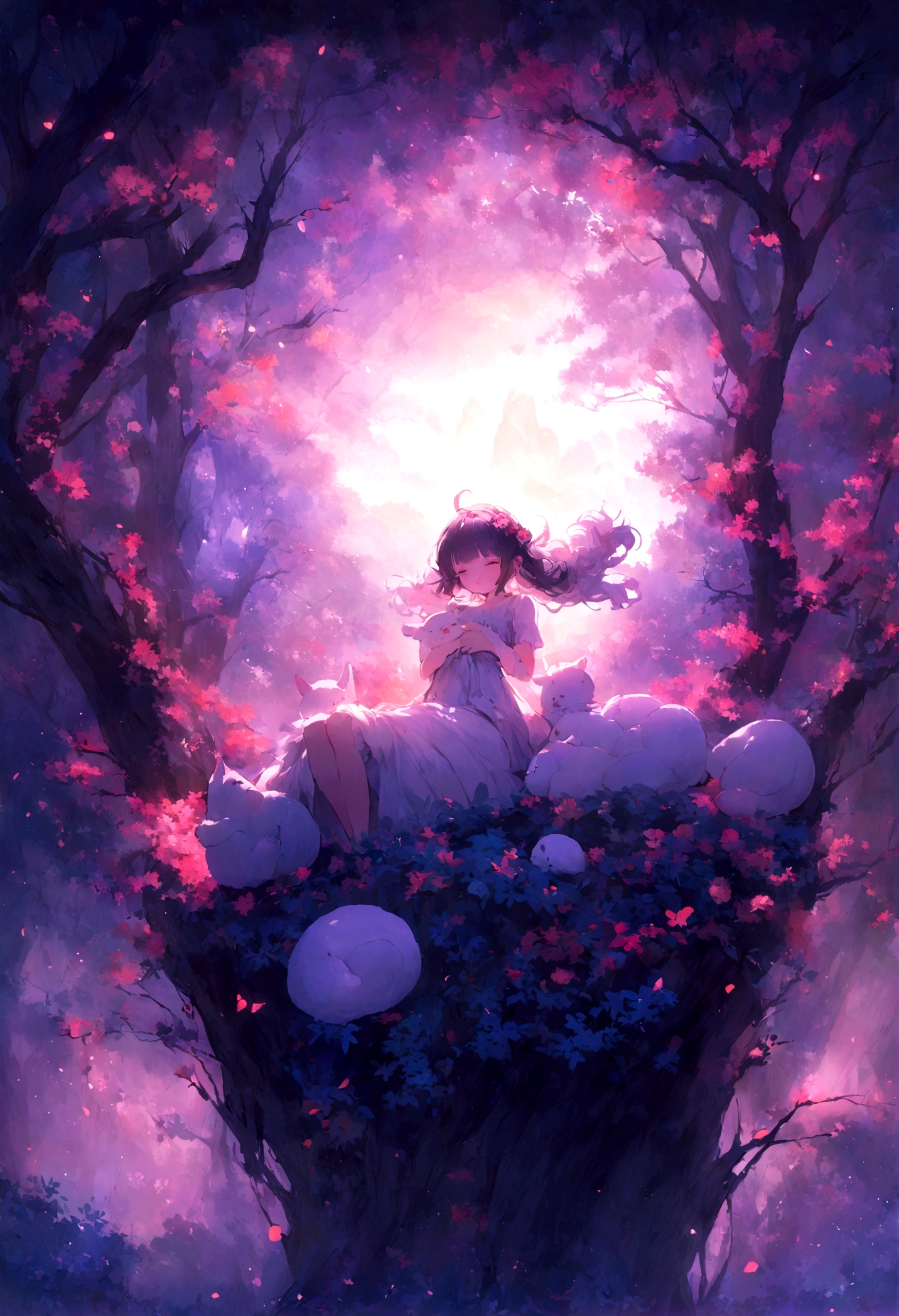 Japan newborn,The body is wrapped in soft animal hair,In "Dream Forest",The surroundings are full of energy,Vivid colors