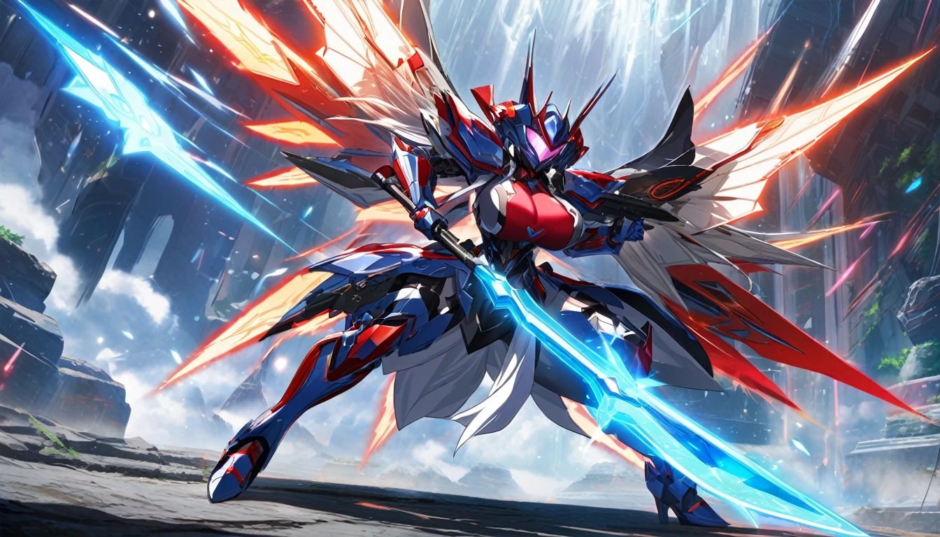 ((anime infinite stratos art, masterpiece, 4k, extreme quality)).
the theme is Disney's Snow White.
the setting is a magical forest, very detailed, full of different animals, it's afternoon.
Snow White wearing a IS armor(amazing, light and hiperfast short-ranged IS, Disney's Snow White based, blue and red colors) and wielding wakizashi(cybernetic and futuristic, one in each hand), very large and huge breasts G Size, fierce bahavior, pose of battle, fullbody.
the atmosphere is cool.
full view of the scene