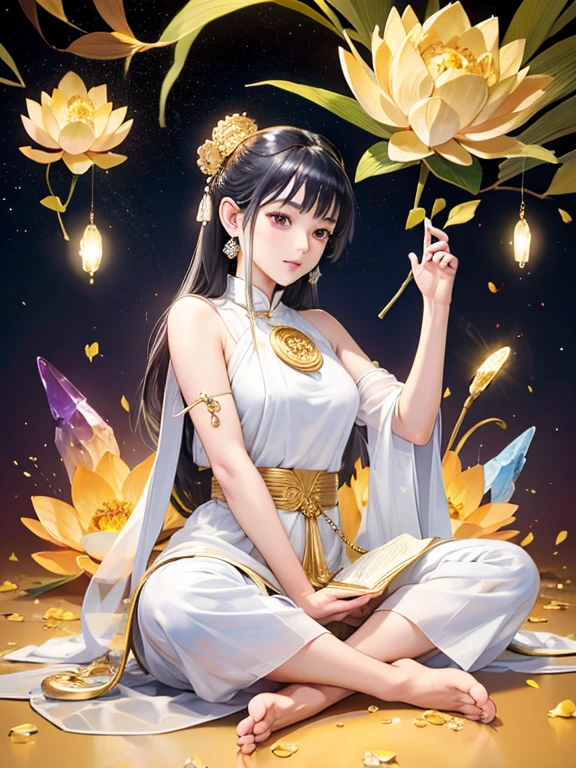 (Buddhist paradise、Gold Dust Show、Silver、Ruri、agate、Big crystal、Light background、Many Kannon Bodhisattvas)、god々A good appearance、A dazzlingly bright world、Daytime world、Flowers are blooming all over the place、Seated on a lotus pedestal、Official artwork、Crystal clear white dress、barefoot、(masterpiece、highest quality、High resolution、8k)、The composition is excellent、