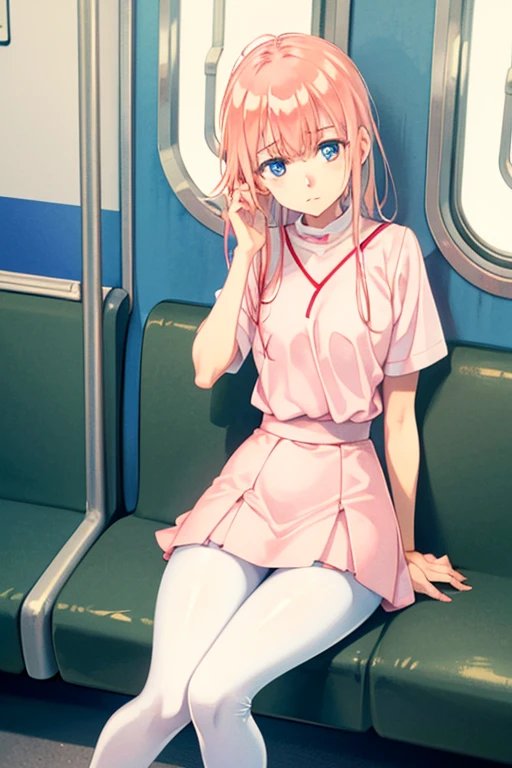 a girl with smooth white skin, a slim body, small breasts, ocean blue eyes, and long coral pink hair wearing a white short sleeved shirt, a pink skirt, and pink thigh high leggings, sitting in a subway train