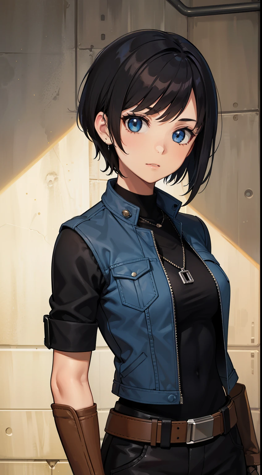 (high-quality, breathtaking),(expressive eyes, perfect face) Symmetrical Eyes, portrait, Star Wars Universe, 1girl, female, adult, mechanic, punk jacket, shirt, short sleeved, gloves, pants, belt, wrench, crystals, messy hair, black hair color, brown eye color, short hair length, stylized hairstyle, pixie haircut, tall, technician outfit, engineer, sci fi workshop background, work bench, tools, mature, narrow eyes, dog tag necklaces, soft smile
