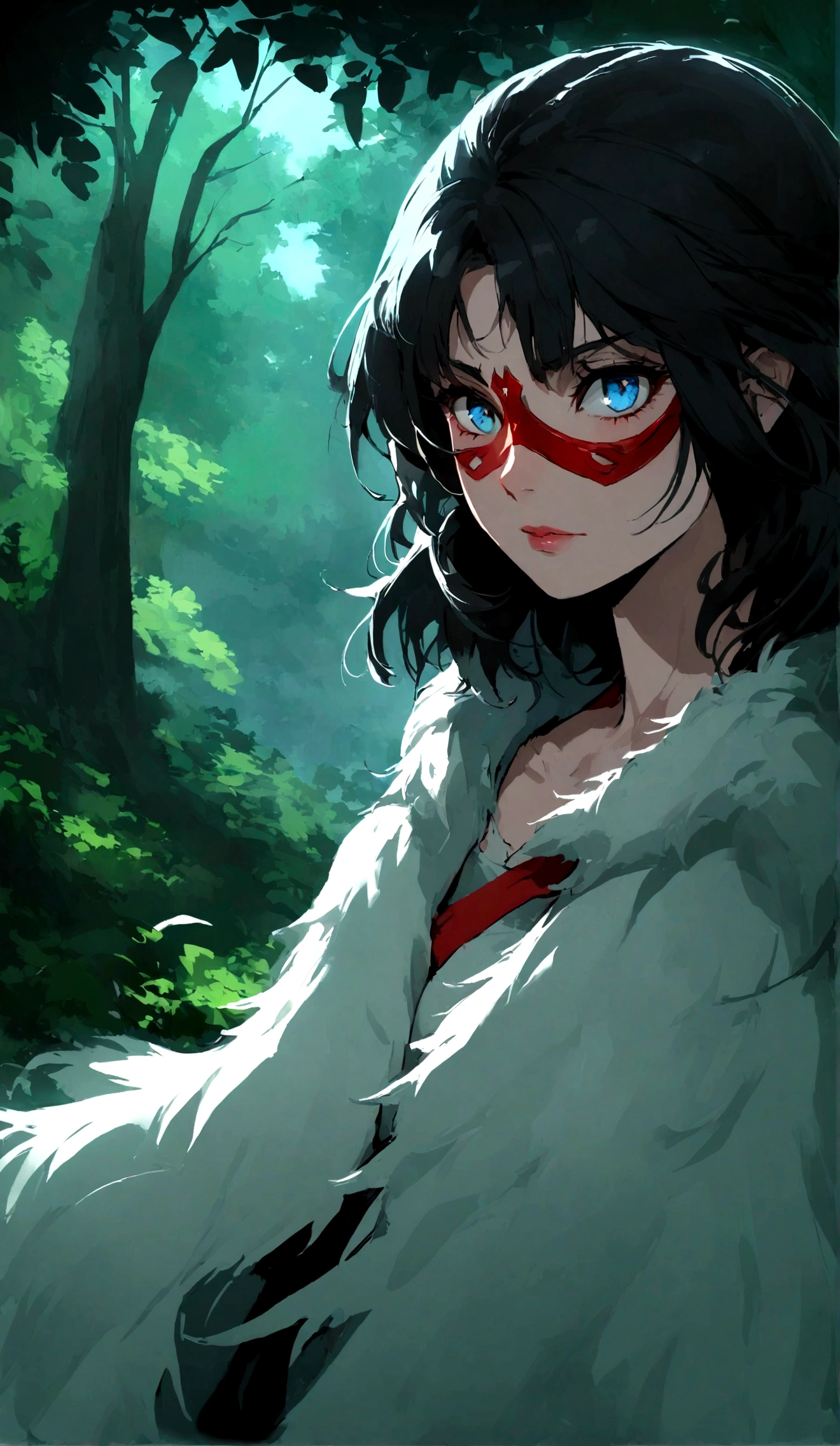 "Please draw San from Princess Mononoke. San is a girl raised by wolves and has a warrior-like appearance. She wears a white fur cloak and a red mask, with long black hair. Her face features blue war paint, and she has eyes that reflect strong willpower. The background should showcase a lush green forest, emphasizing San's presence in nature. The overall scene should convey San's wild and powerful aura."