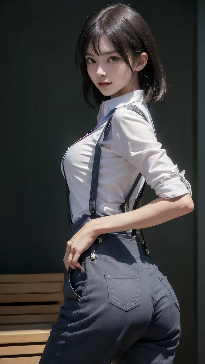 ((In town:2.0)), ((Backwards:2.0)), ((Collared shirt:2.0, suspenders:2.0, pants:1.8)), (Clothing:2.0, スキニーpants:2.0, suspenders under Collared shirt:2.0, A bow tie:1.2, sneakers:1.5), ((In town:2.0)), ((A grin:1.2, Small breasts:1.5, slender:1.5, Small Ass:1.5)), ((Japanese, 1 Girl, 18-year-old, 7 heads, Ideal body proportions, Black Hair, With bangs, Small breasts, Erect nipples, slender, Small Ass, Beautiful feet, Skinny Legs)), Surrealism, Cinematic Lighting, Depth of written boundary, First Person View, Boobs F/1.8, 135mm, Ticker, Mastepiece, Curate, ((Anatomically correct:1.3)), Textured skin, Super Detail, High detail, High quality, Awards, Best Quality, High resolution, 8K