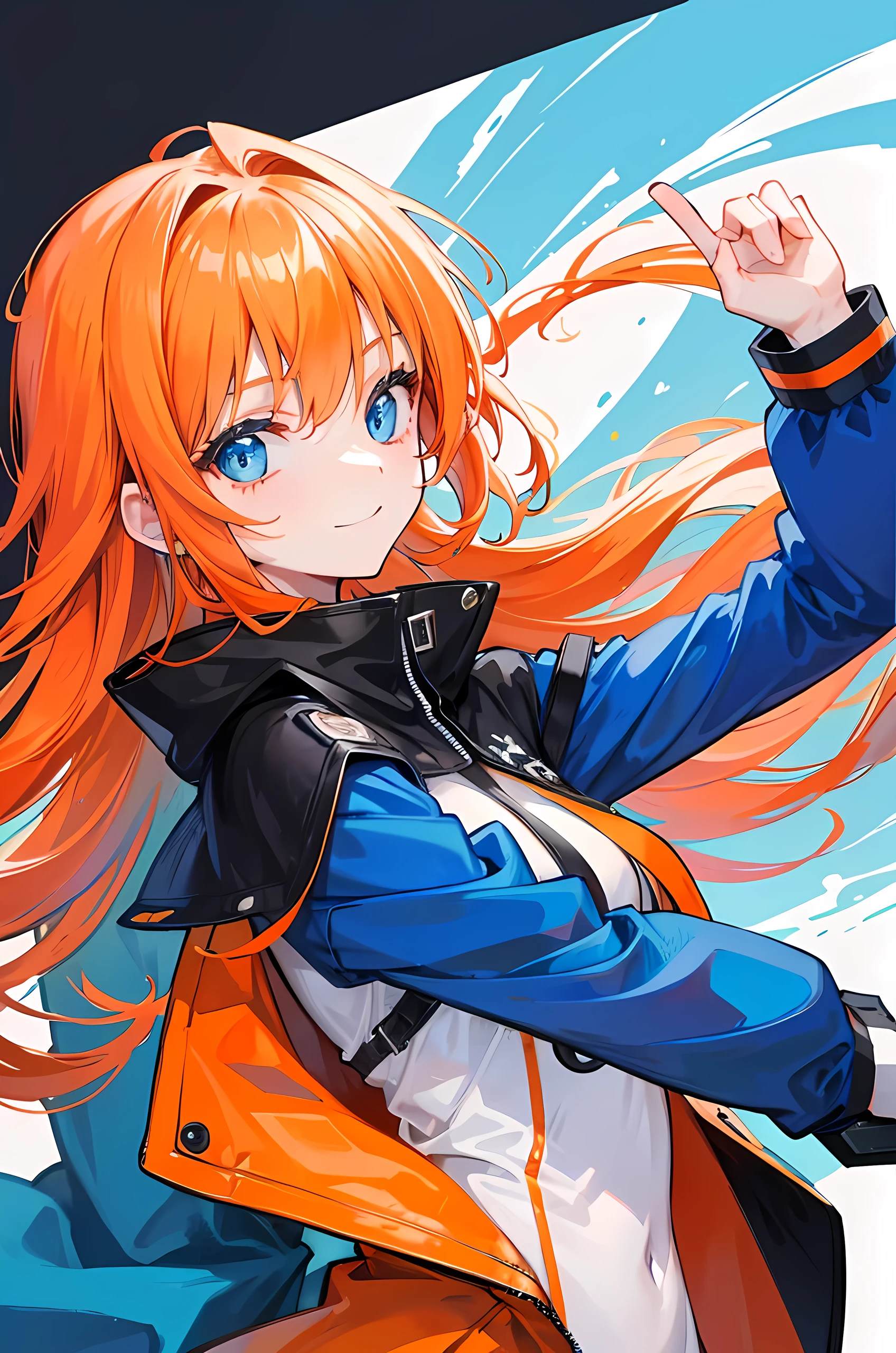 Orange hair, blue eyes, long hair, young girl, modern style, jacket, young girl, smile face
