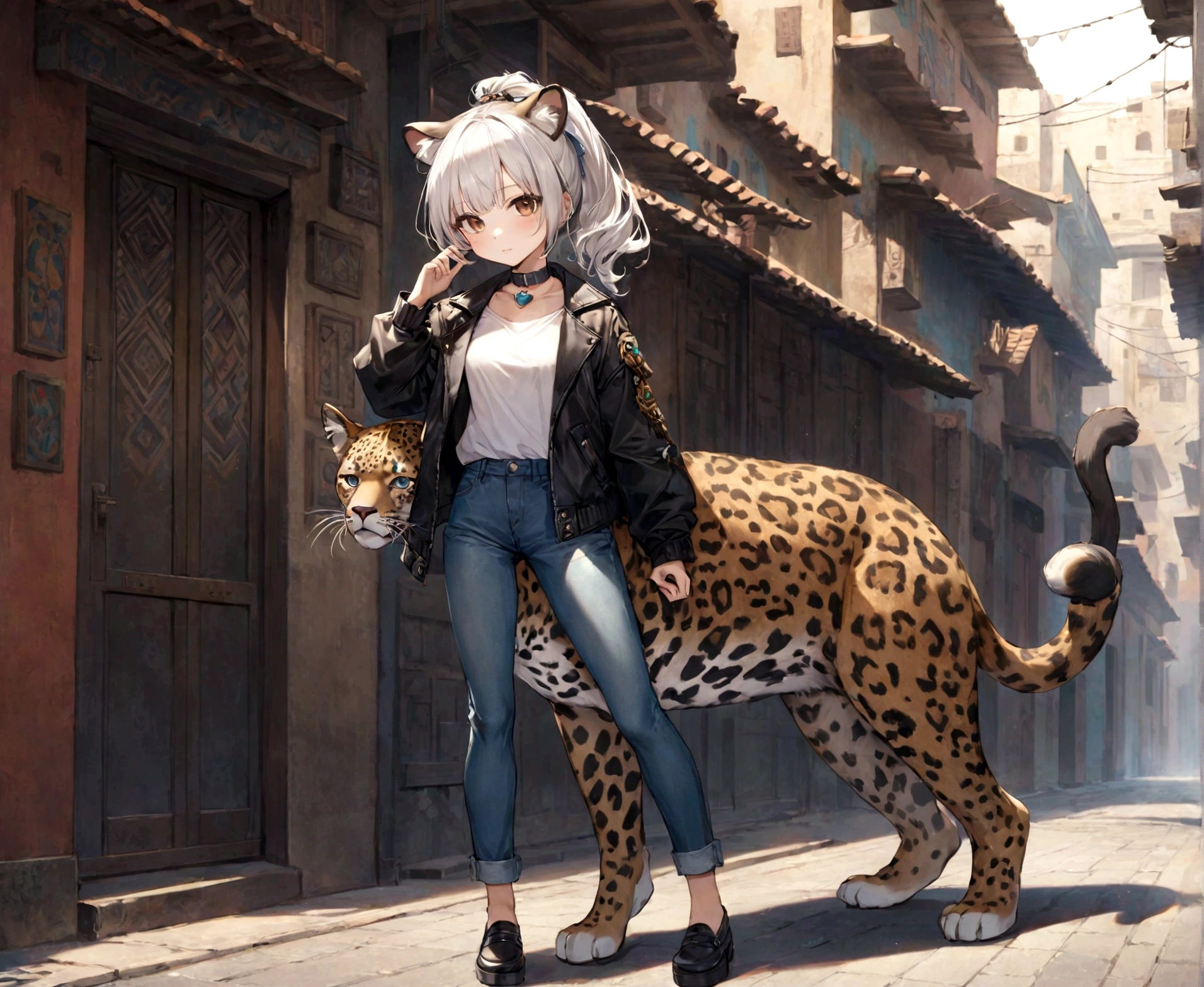 High definition, high quality, woman, young adult, beautiful, anthropomorphic, jaguar girl, jaguar ears, jaguar tail jaguar ears, small figure, full body image, Aztec clothing, blue jeans, black leather jacket, collar tall white under jacket, silver hair color, hair tied in a high ponytail with bangs and a strand of hair framing her face, heart-shaped face, striking brown eyes, streets of the Aztec city
