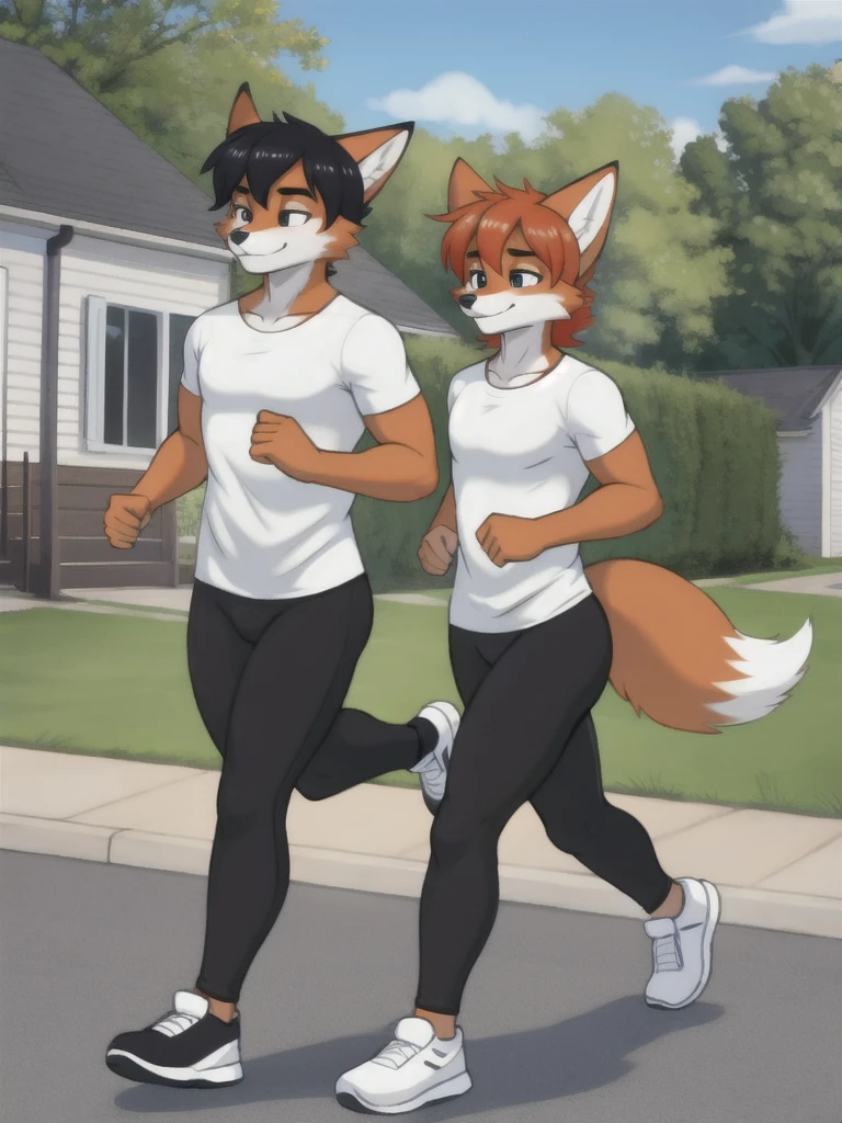 Furry, fox, male, twins, black leggings, white shirt, jogging outside the house, teen