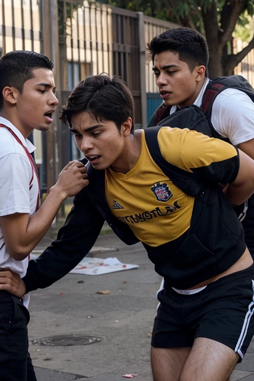 Crea dos estudiantes masculinos peleando agresivamente en una escuela