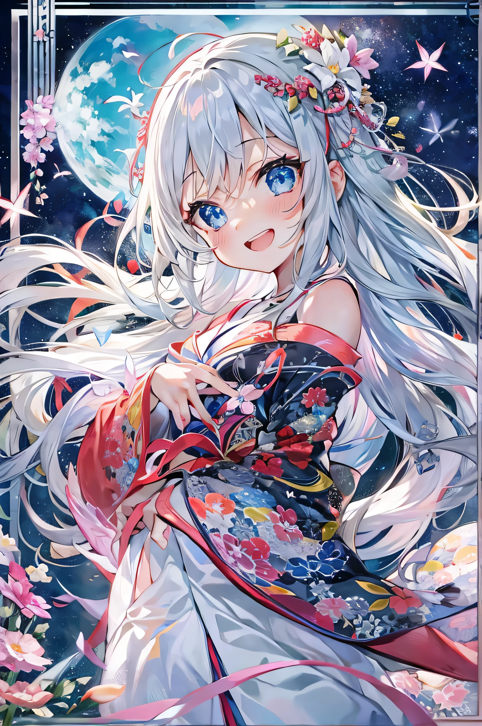 (Masterpiece: 1.2, Top quality), One girl, kawaii, solo, long white hair, blue eyes, kimono, from front.

Glossy skin, wet skin, shimmering eyes, open legs, laughing, flat chest, Lolita, open mouth, showing teeth,

Background, starry sky, floating city, clouds, clear sky, swelling, wind, scattered flowers.