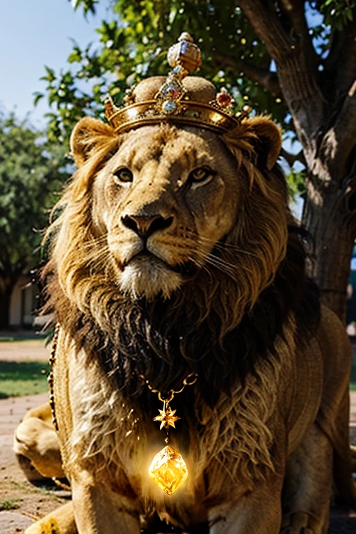 a lion with a crown, around his neck a chain with a diamond stone, and behind the lion is a large tree with golden fruits