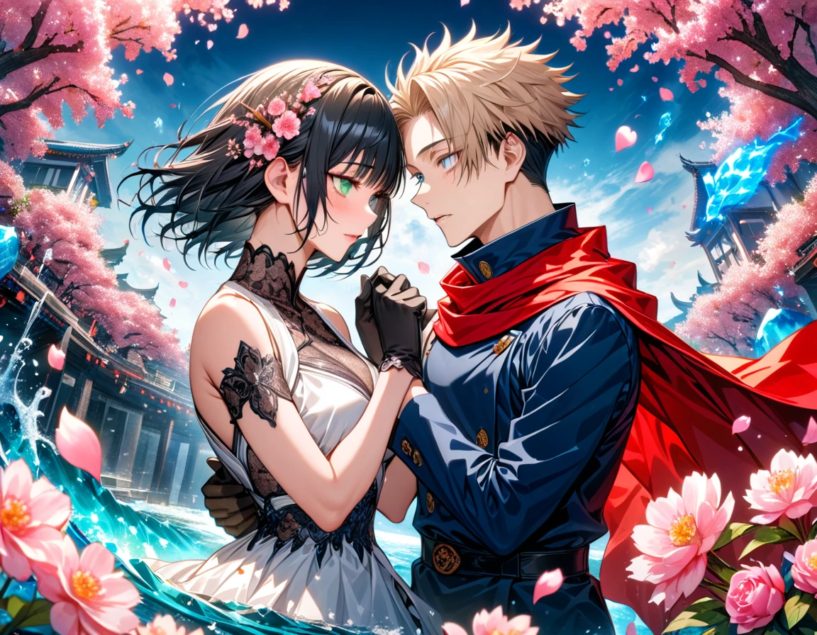 Ultra detailed, highres, absurdres, HDR, master piece, Okkotsu Yuuta, black hair, expressive dark blue eyes, Aida, ash blond hair with bangs, green eyes, white fantasy dress with black patterns, red cape, Jujutsu Kaisen, fantasy, petals, blossoms, pink flowers, water, black ribbon on her hair, black gloves, a handsome man together with a beautiful woman, sexy, couple, love, magic, best quality