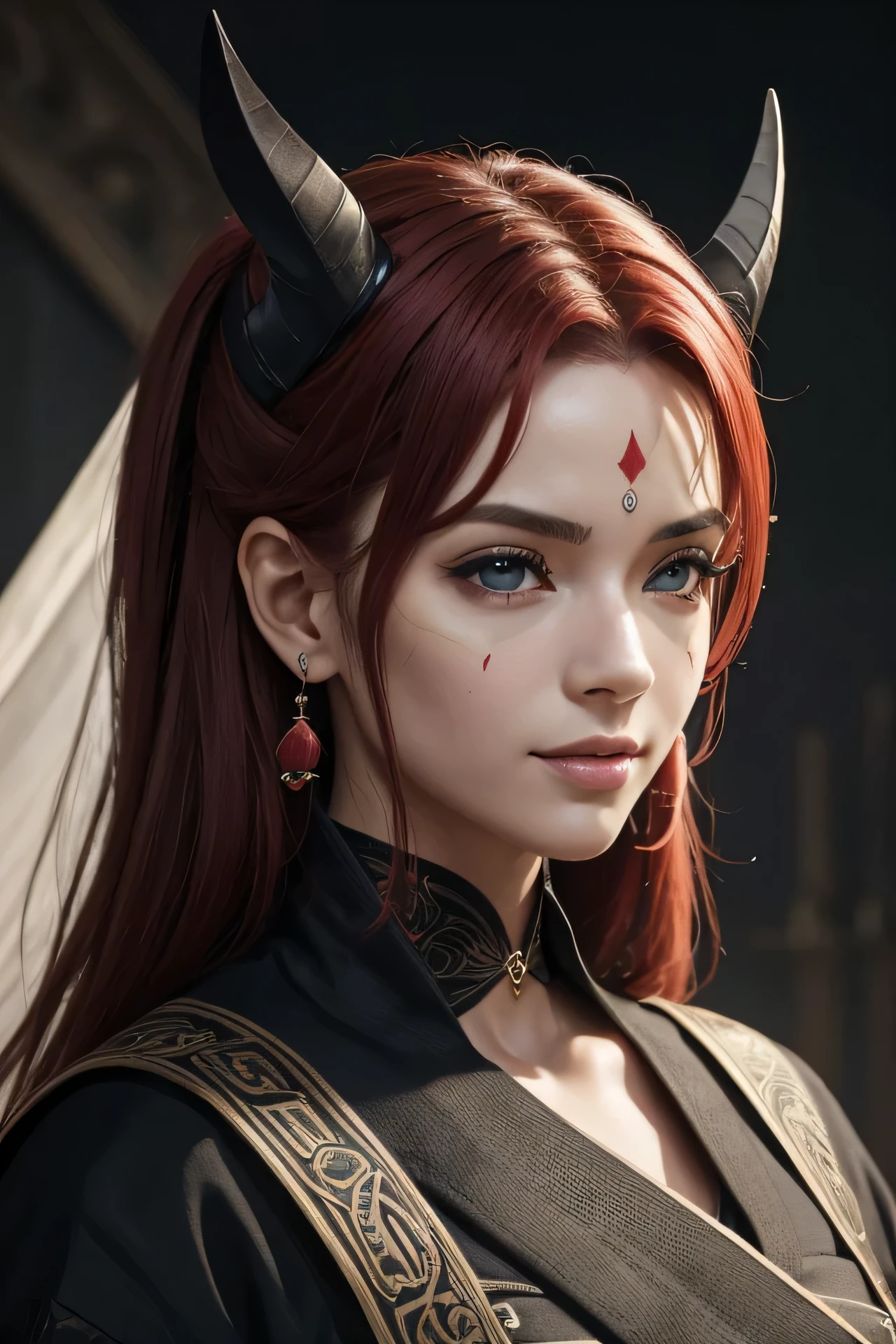 (obra de arte, melhor qualidade, ultra detalhado:1.3), perfect composition, 4k, (extremamente detalhado, hiper detalhado), soft lighting, CRU, HDR, Texturas 8K, detalhe extremo, textura da pele altamente detalhada, epic details, Alta nitidez,  approaching perfection, dynamic, altamente detalhado, Pintura digital, arte conceitual, Suave, sharp focus, illustration, Rosto detalhado, 4k, 1 meninas, decote, Tapa-olho, face Markings, Female, Female only, Japanese, roupas, seios grandes, Markings, olho faltando, older Female, um olho, um olho obstructed, um olhod, cabelo rosa, olhos vermelhos, cabelo vermelho, ruiva, revealing roupas, samurai, cicatriz, cicatriz across, eye cicatriz, no rosto, cicatrizred, cicatrizred face, cicatrizs, sorriso, sorridente, traditional roupas, Guerreiro,bat wings, smalls horns black 