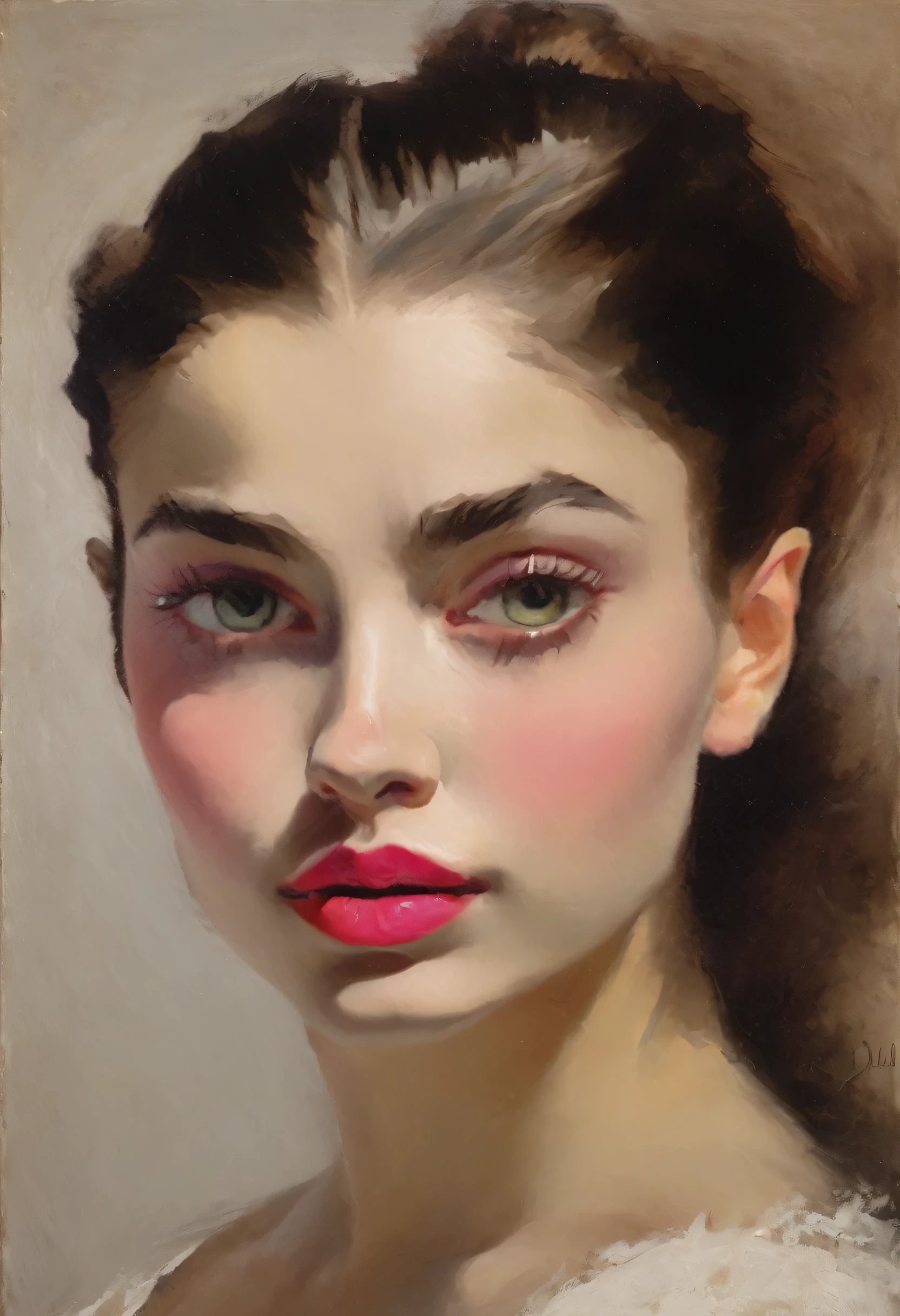 oil painting, estilo degas, Realismo, estilo de fantasia, mulher,retratos de um, olha de frente, soft facial features, Average height, dark pink lips, thin lip shape ,"Sobrancelhas legais em formato de Angryburts, olhos castanhos escuros, cabelo preto, cabelo longo, formato de nariz delicado, Muito claro sem falhas, perfect hands, detalhes precisos, detalhes intrincados, cores suaves