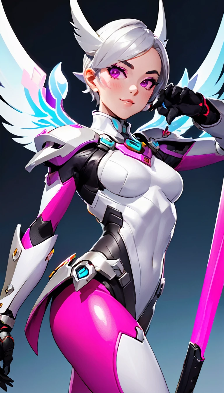 a close up of a person in a costume with a sword, overwatch skin, sigma female, overwatch character, sharp silver armor fuchsia skin, as an overwatch character, varia suit, as overwatch character, platinum skin, echo from overwatch, katana zero video game character, zarya, pitch black skin, valorant character, fighting game character