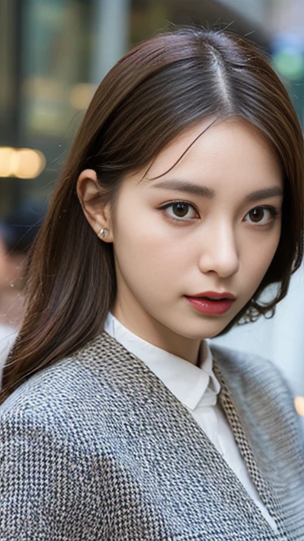 ((highest quality、8K High Resolution、masterpiece:1.3))、Sharp focus:1.2、Beautiful woman with perfect style、((Full Body Shot))、((Low angle))、Slim Abs:1.2、Light brown hair、((Huge boobs))、White button-up shirt、street:1.2、Highly detailed face and skin texture、Detailed eyes、double eyelid