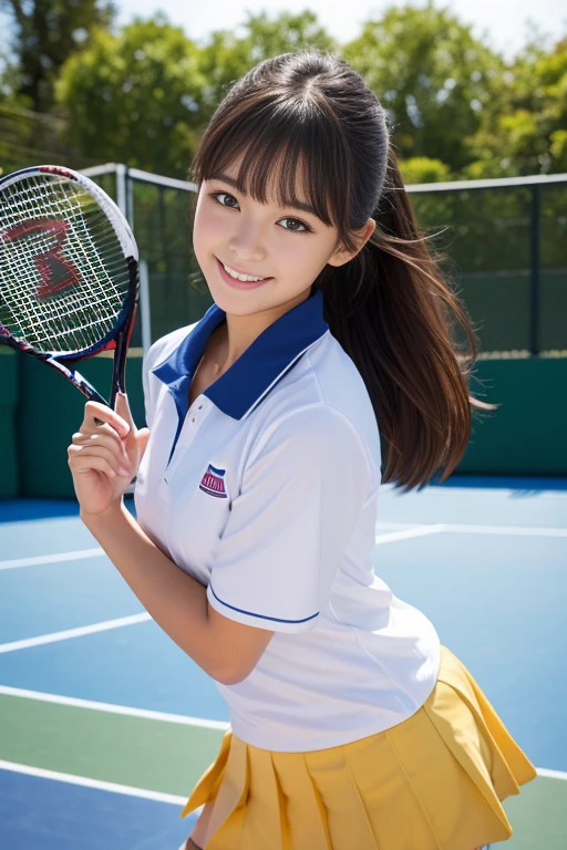 (Whole body 1.3),(8k、highest quality、masterpiece:1.2)、(Realistic、Realistic:1.37)、Super detailed、超A high resolution、1 girl、(Beautifully detailed face、Golden ratio face、Balanced Eyes、double eyelid)、Beautiful and detailed skin、Skin Texture、professional、Height of Japanese people 、Elementary school girl、smile、Tennis player uniforms,Tennis court、A dynamic pose