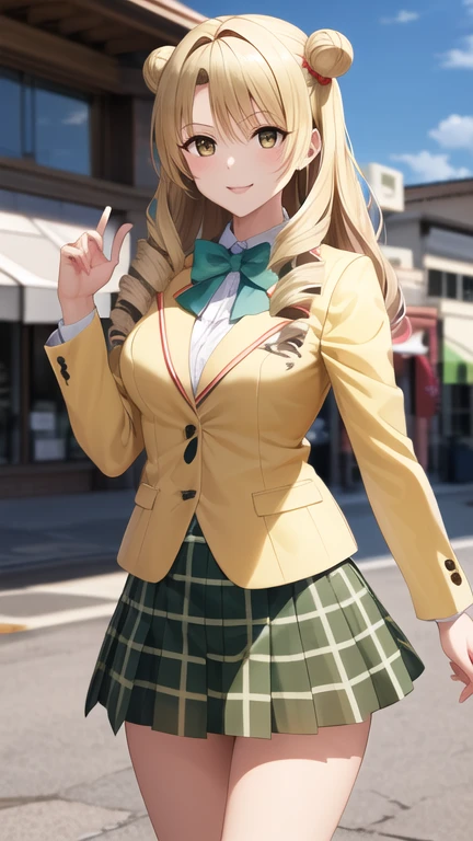 masterpiece, best quality, highres, 1girl, solo, long hair, blonde hair, double bun, drill hair, brown eyes, , green bowtie, blazer, yellow jacket, long sleeves, plaid skirt, green skirt, standing, cowboy shot, outdoors, smile,