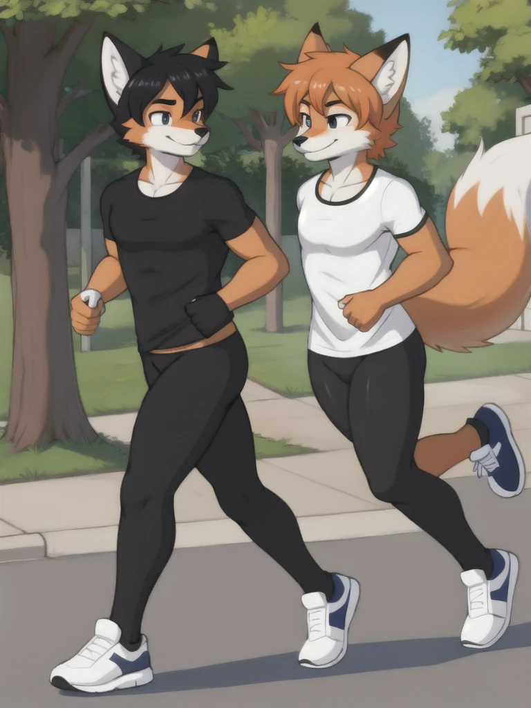 Furry, fox, male, twins, black leggings, white shirt, jogging outside the house,