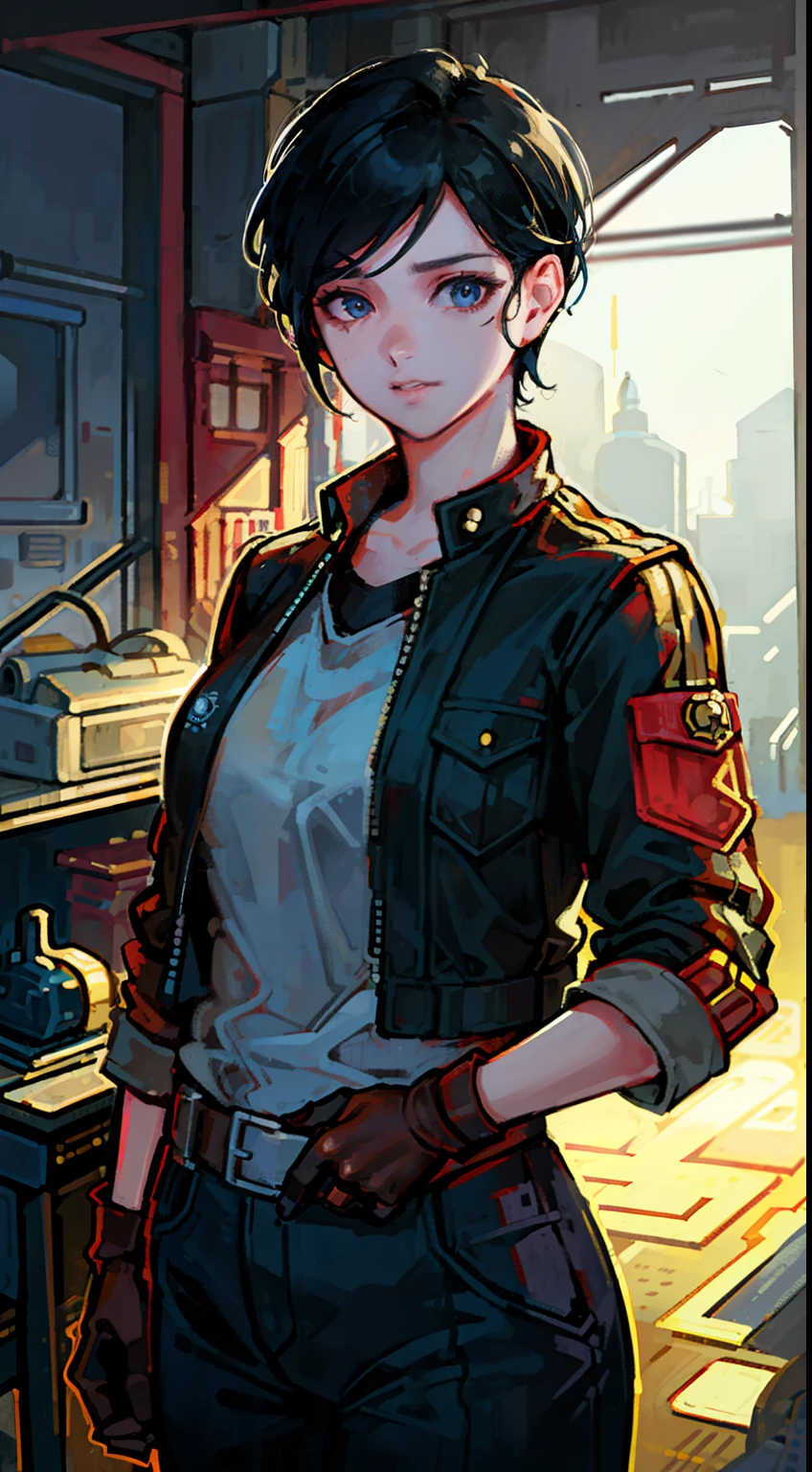 (high-quality, breathtaking),(expressive eyes, perfect face) Symmetrical Eyes, portrait, Star Wars Universe, 1girl, female, adult, mechanic, punk jacket, shirt, short sleeved, gloves, pants, belt, wrench, crystals, messy hair, black hair color, brown eye color, short hair length, stylized hairstyle, pixie haircut, tall, technician outfit, engineer, sci fi workshop background, work bench, tools, mature, narrow eyes, dog tag necklaces, soft smile
