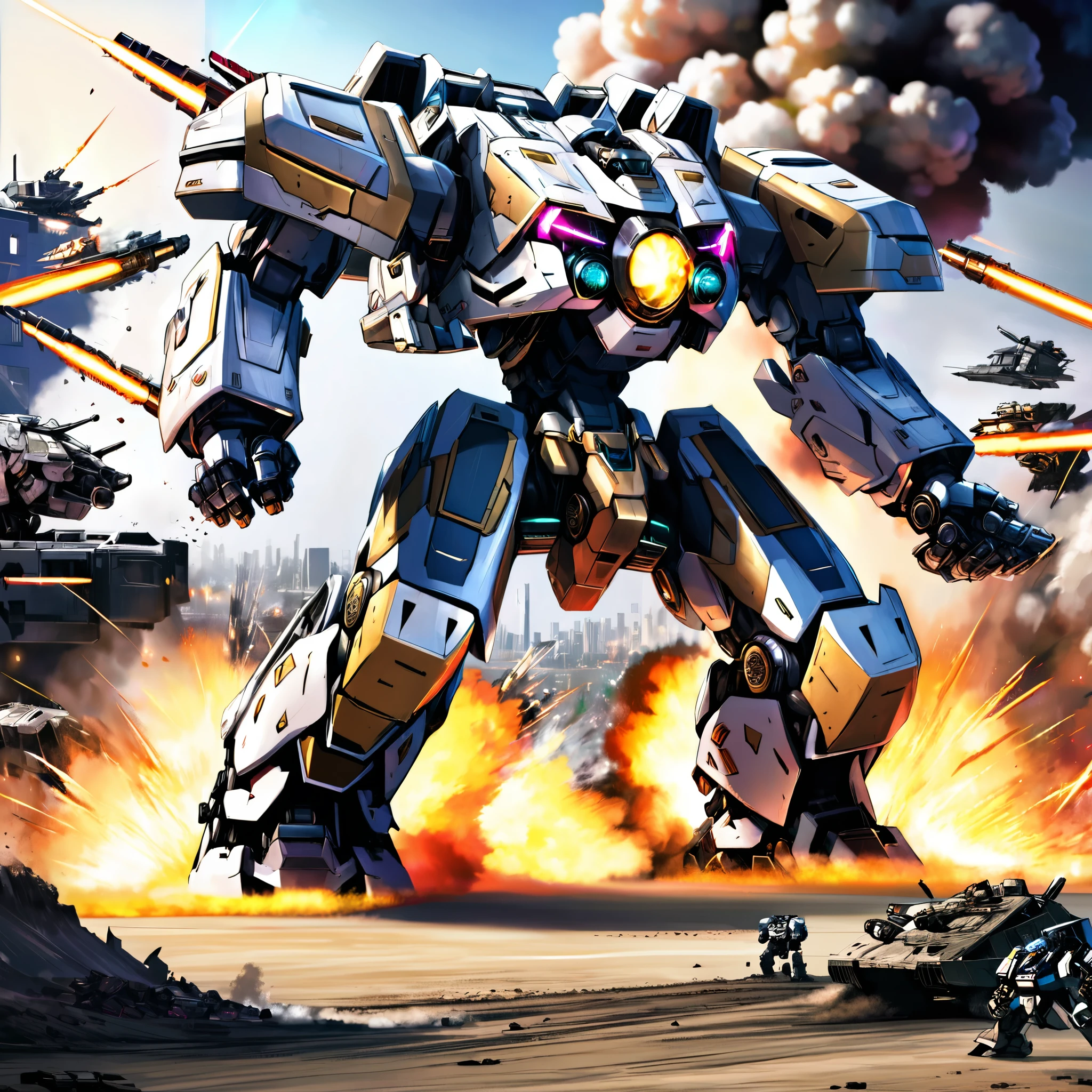 A massive mech battle, two heavily armed and armored war mechs of contrasting color schemes engaged in close-quarters combat, firing powerful energy weapons and missiles, dramatic explosions and destruction in the background, cinematic lighting, epic scale, highly detailed, hyper-realistic, 8k, photorealistic