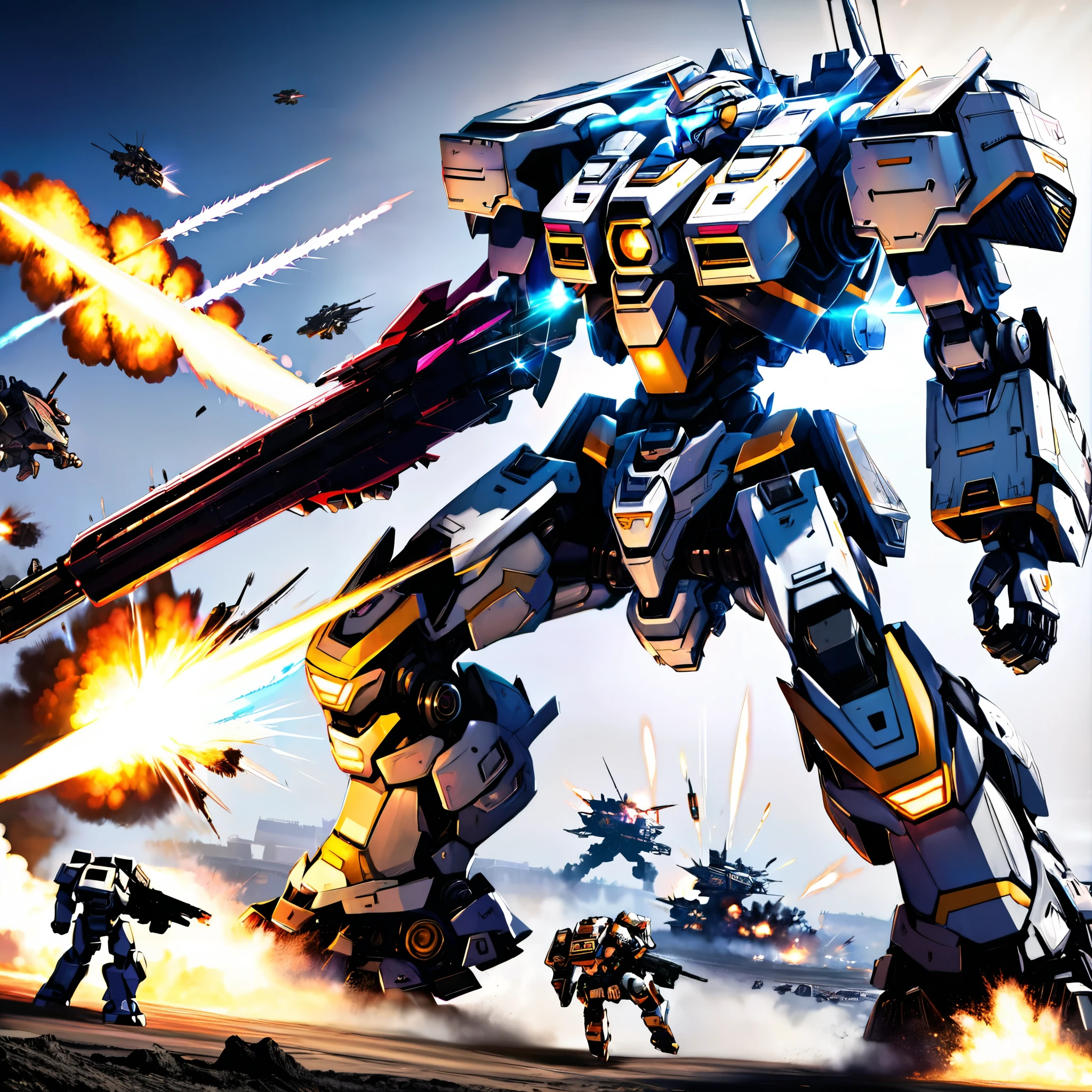 A massive mech battle, two heavily armed and armored war mechs of contrasting color schemes engaged in close-quarters combat, firing powerful energy weapons and missiles, dramatic explosions and destruction in the background, cinematic lighting, epic scale, highly detailed, hyper-realistic, 8k, photorealistic
