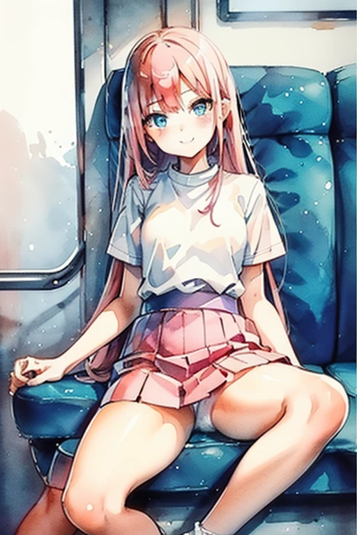 a japanese girl with smooth white skin, a slim body, small breasts, ocean blue eyes, and long coral pink hair wearing a white short sleeved shirt, a pink skirt, and pink thigh high leggings, sitting in a subway train, smile on her face